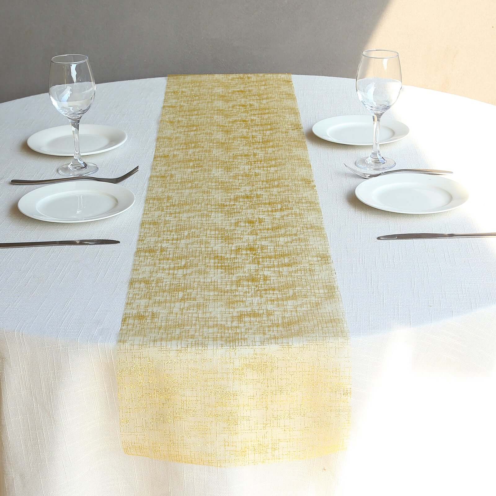Mesh Table Runner 11"x108" Metallic Gold with Glitter Design - Sparkling Disposable Table Decor for Upscale Celebrations - Image 2