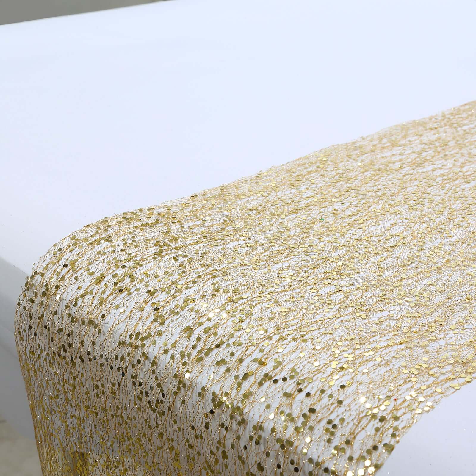 Mesh Table Runner 11"x108" Metallic Gold with Glitter Design – Shimmering Disposable Table Decor for Upscale Celebrations - Image 4