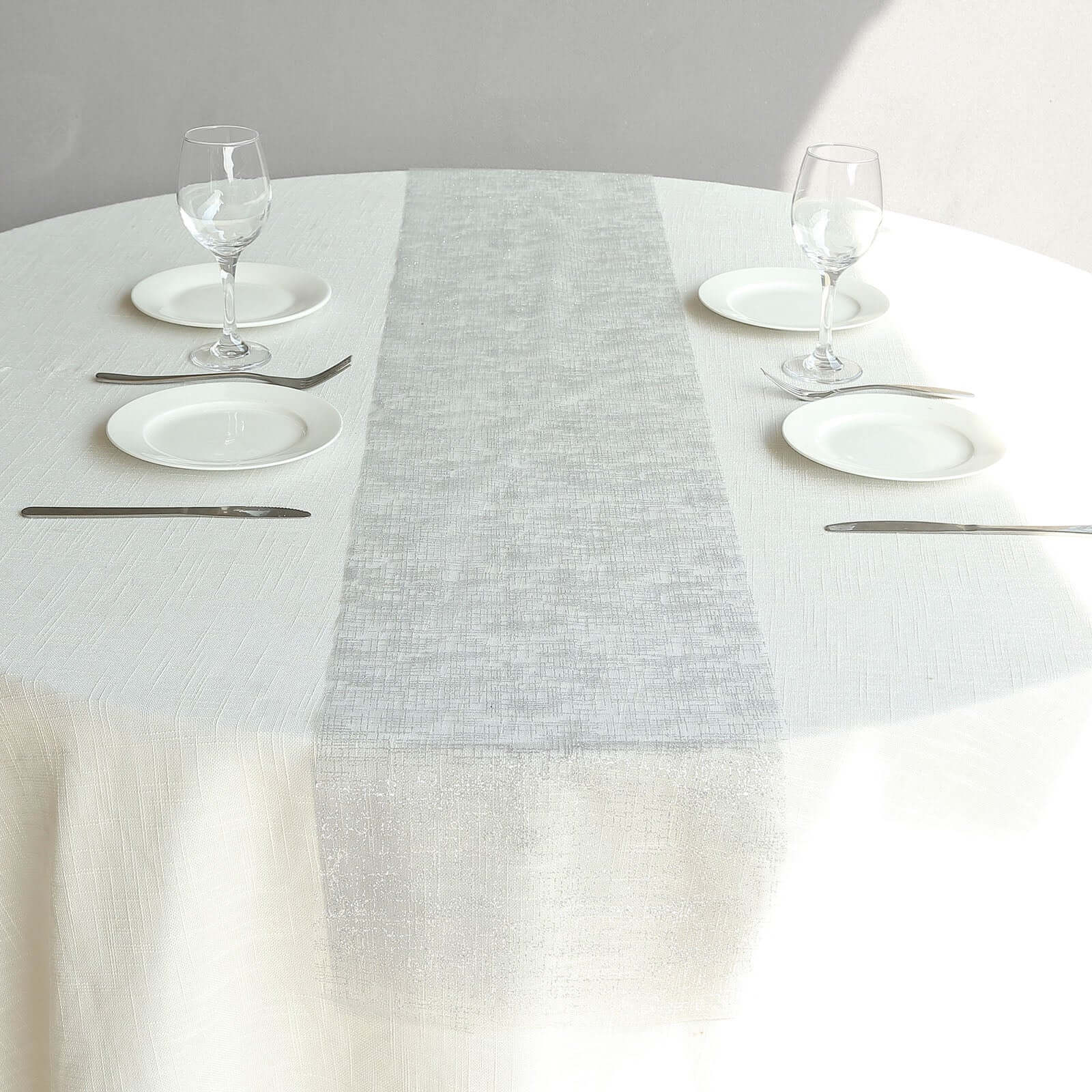 Mesh Table Runner 11"x108" Metallic Silver with Glitter Design - Sparkling Disposable Table Decor - Image 2