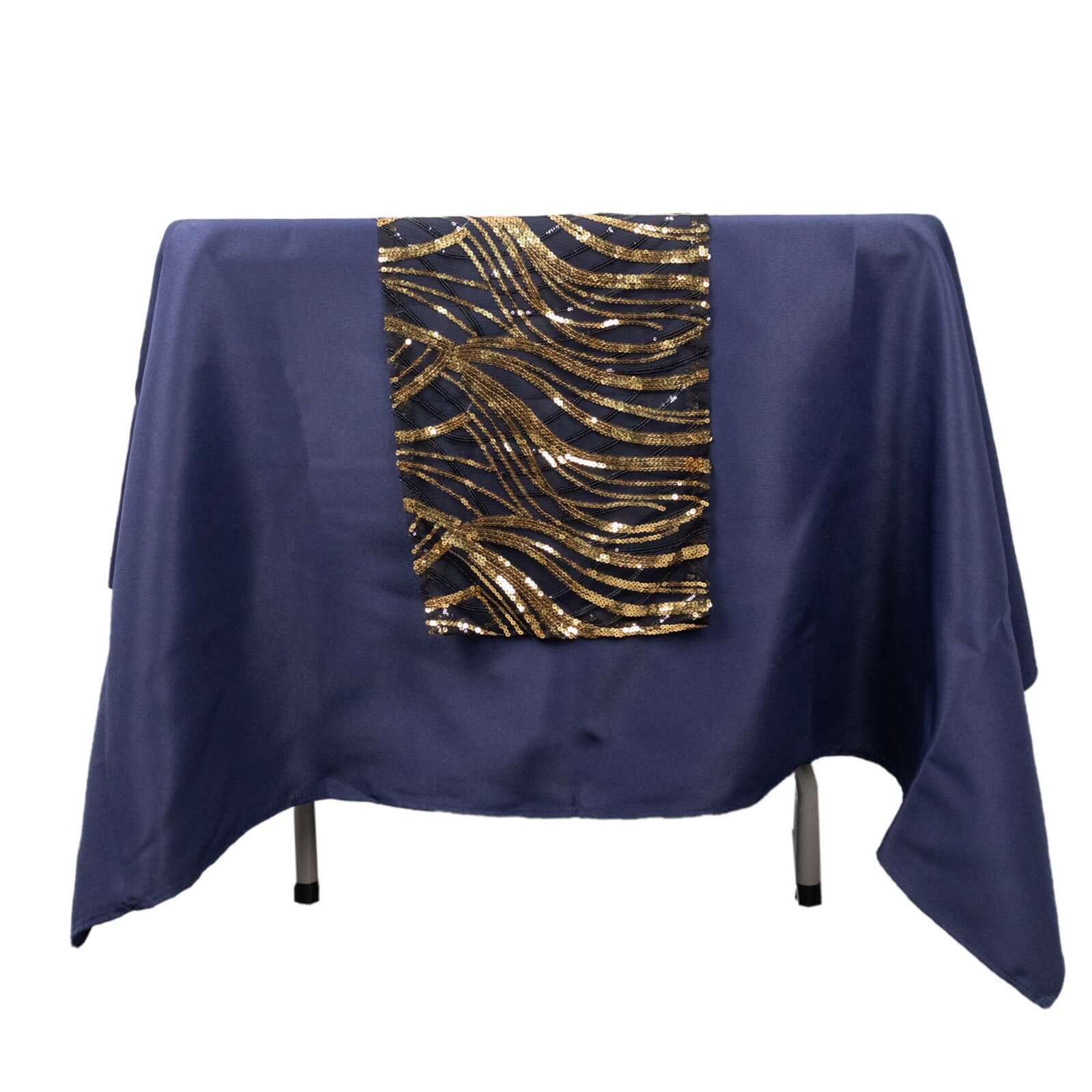 Mesh Table Runner 12"x108" Black/Gold - Wave Embroidered Sequin Table Decor - Image 10