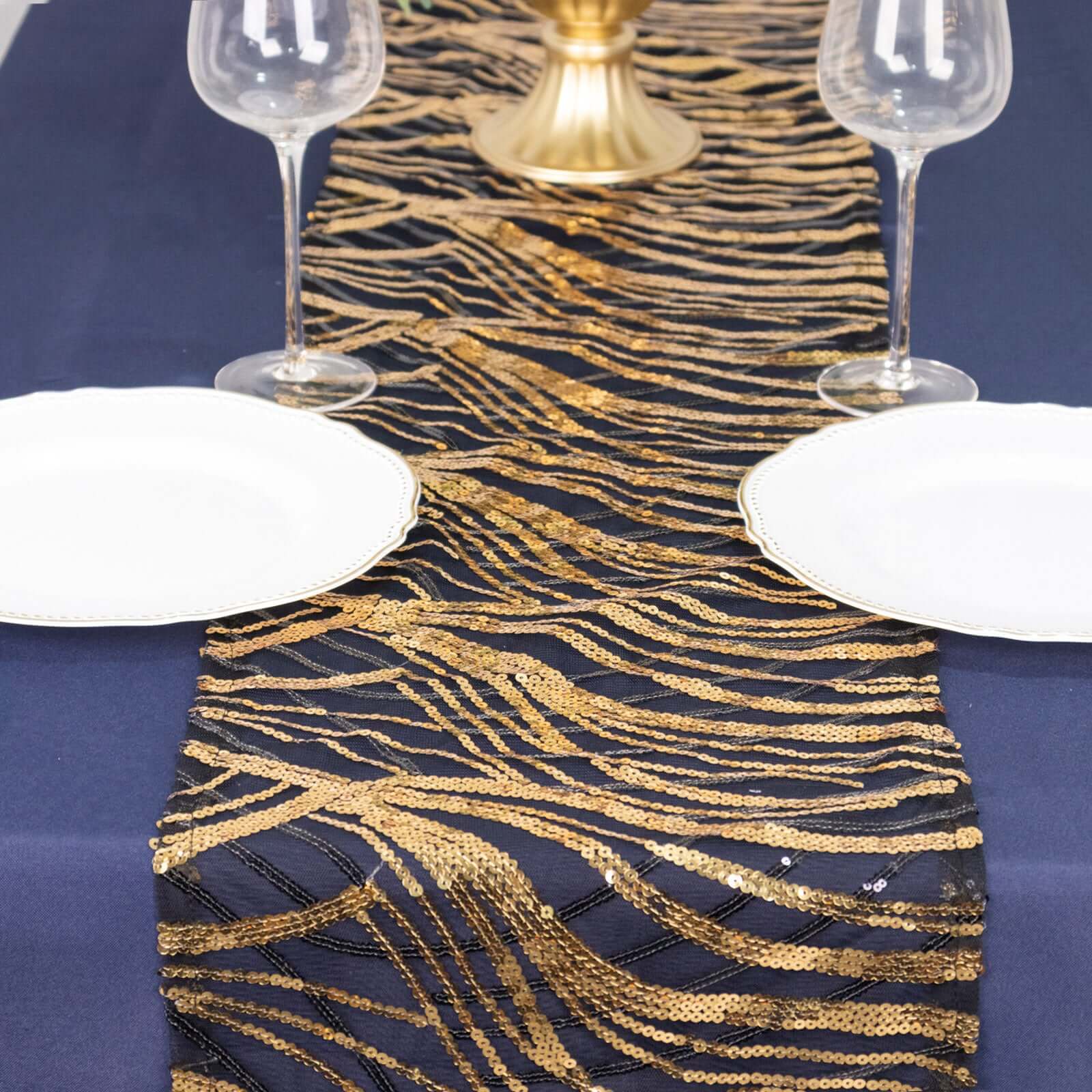 Mesh Table Runner 12"x108" Black/Gold - Wave Embroidered Sequin Table Decor - Image 11