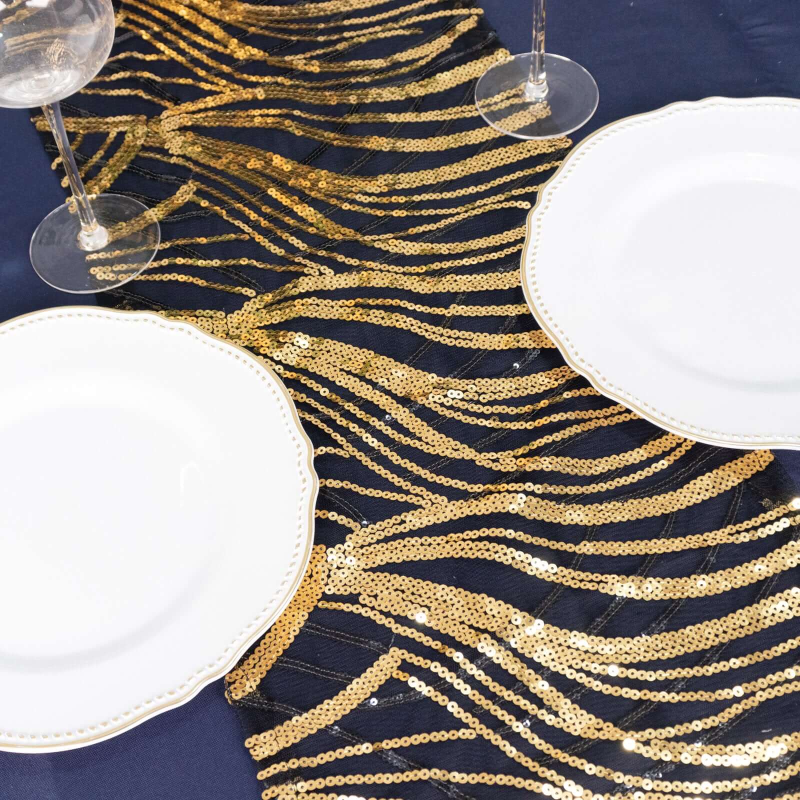 Mesh Table Runner 12"x108" Black/Gold - Wave Embroidered Sequin Table Decor - Image 12