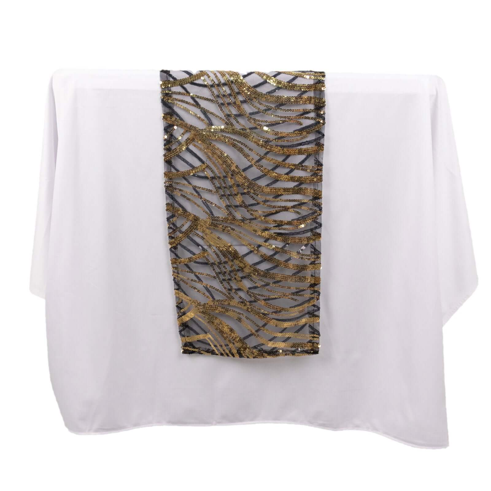 Mesh Table Runner 12"x108" Black/Gold - Wave Embroidered Sequin Table Decor - Image 17