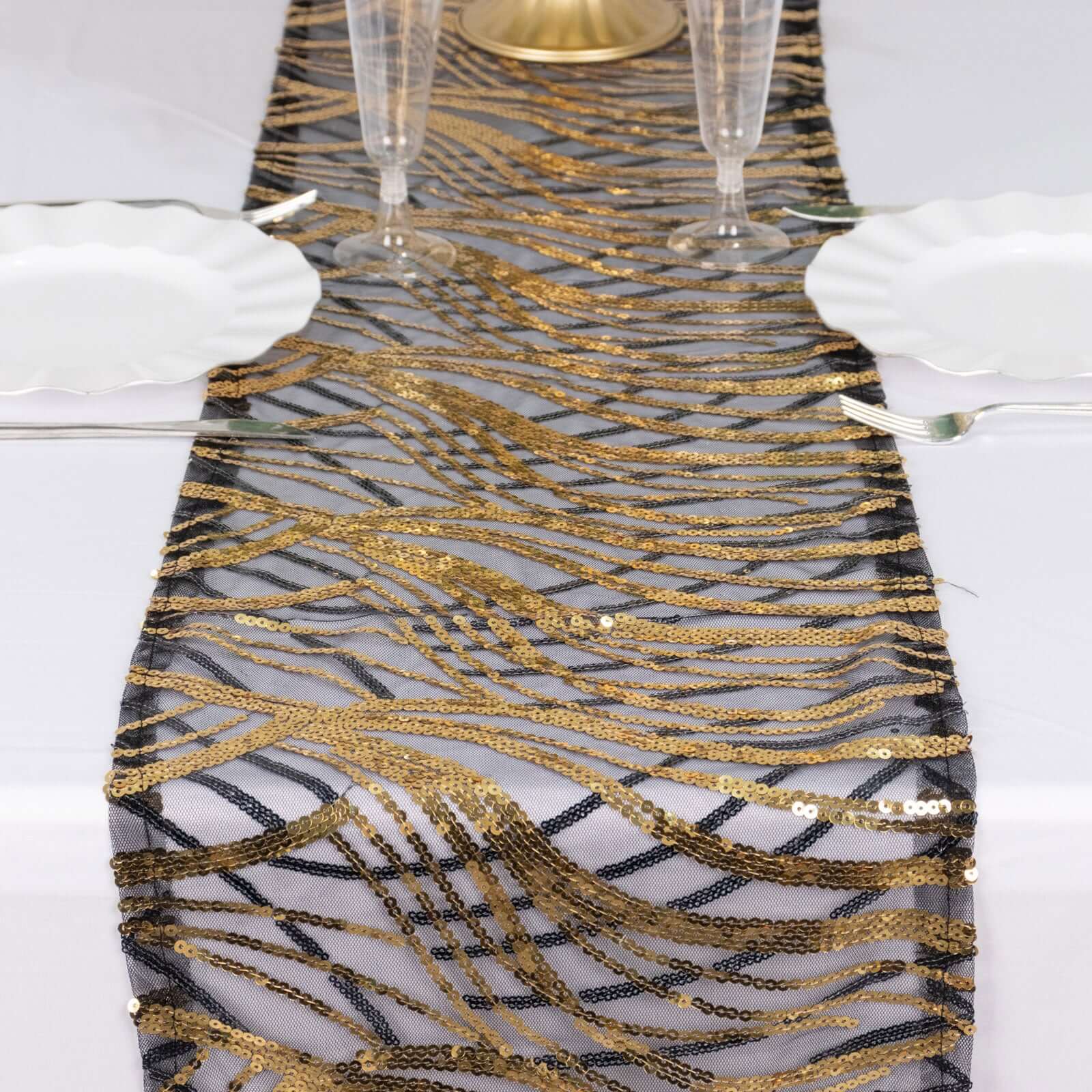 Mesh Table Runner 12"x108" Black/Gold - Wave Embroidered Sequin Table Decor - Image 5