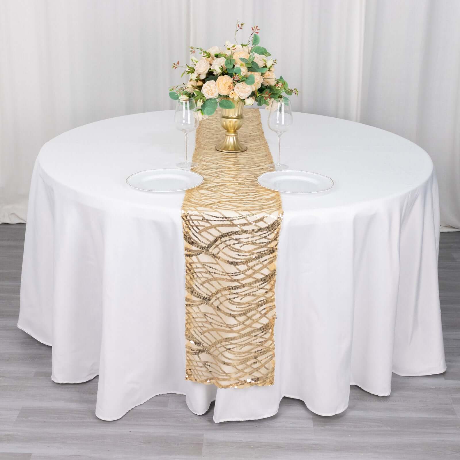 Mesh Table Runner 12"x108" Champagne - Wave Embroidered Sequin Table Decor - Image 2