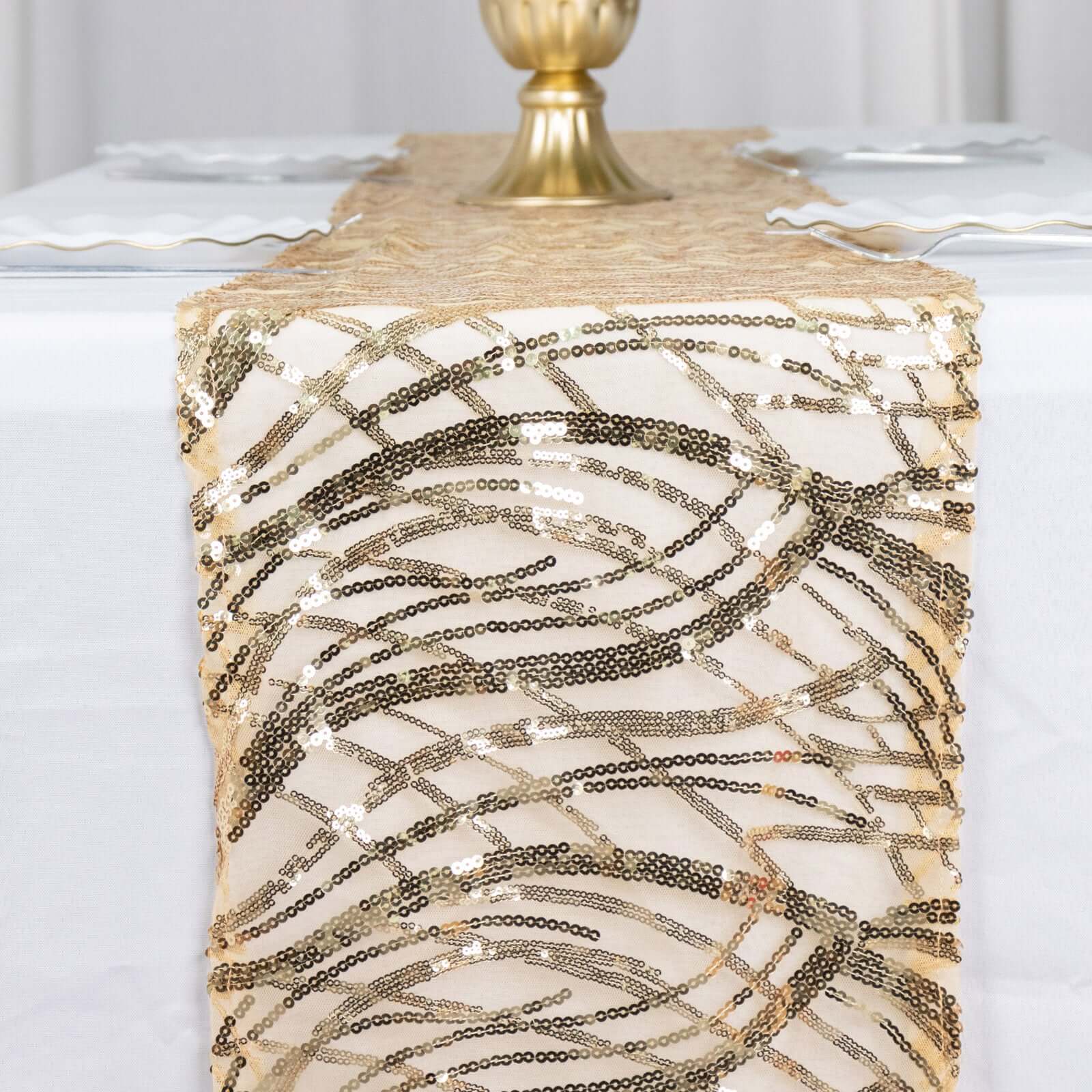 Mesh Table Runner 12"x108" Champagne - Wave Embroidered Sequin Table Decor - Image 7