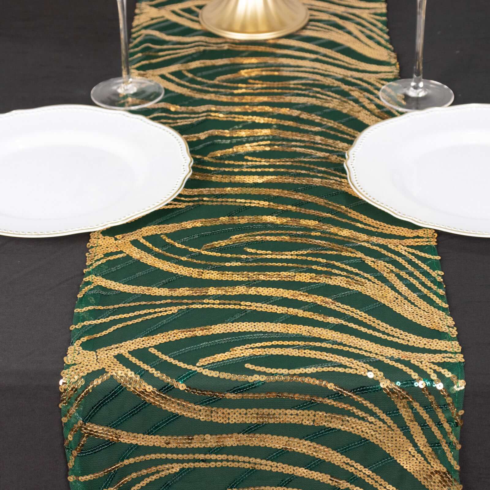 Mesh Table Runner 12"x108" Hunter Emerald Green/Gold - Wave Embroidered Sequin Table Decor - Image 3