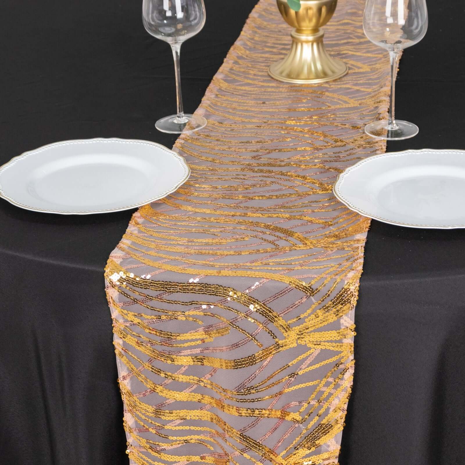 Mesh Table Runner 12"x108" Rose Gold/Gold - Wave Embroidered Sequin Table Decor - Image 5