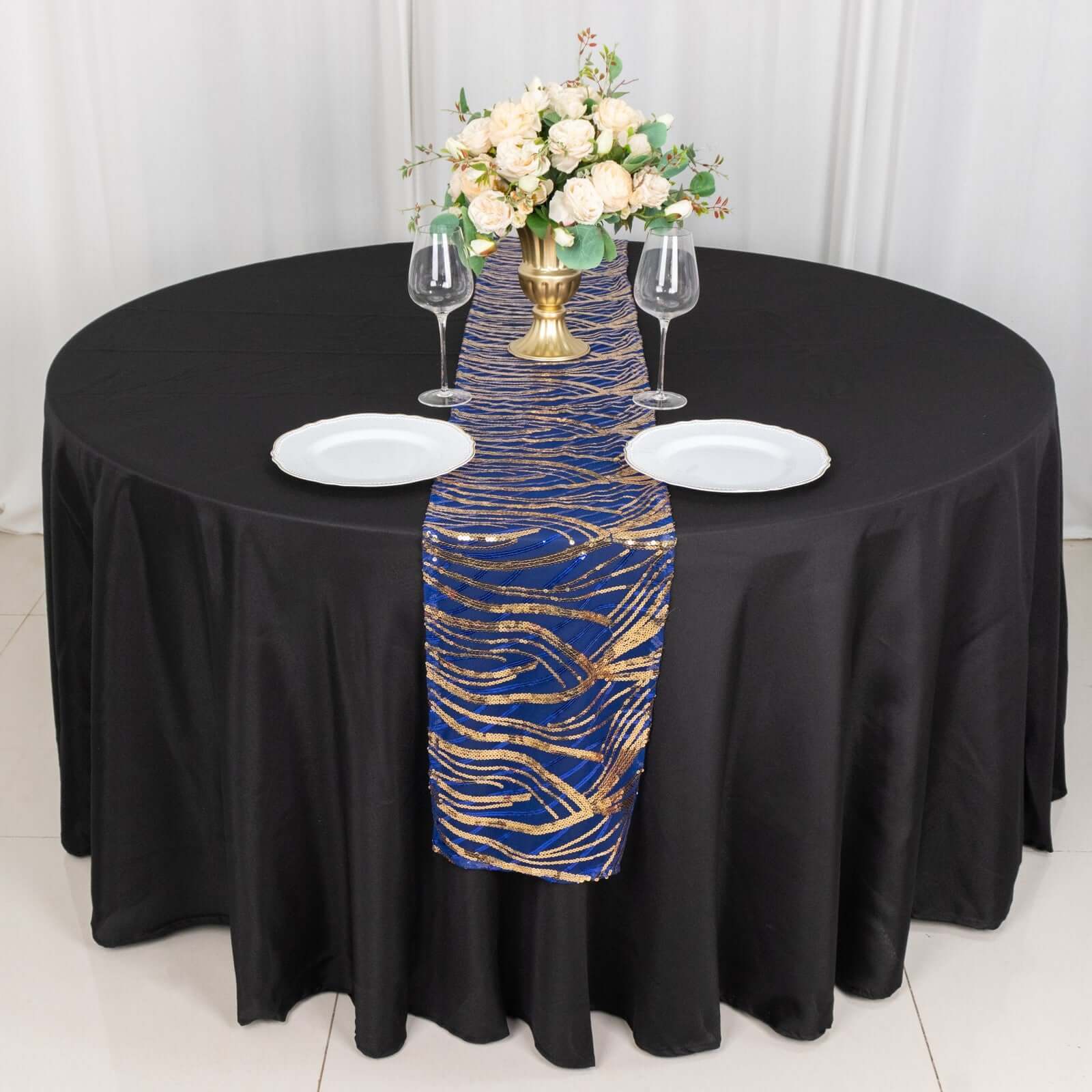 Mesh Table Runner 12"x108" Royal Blue/Gold - Wave Embroidered Sequin Table Decor - Image 2