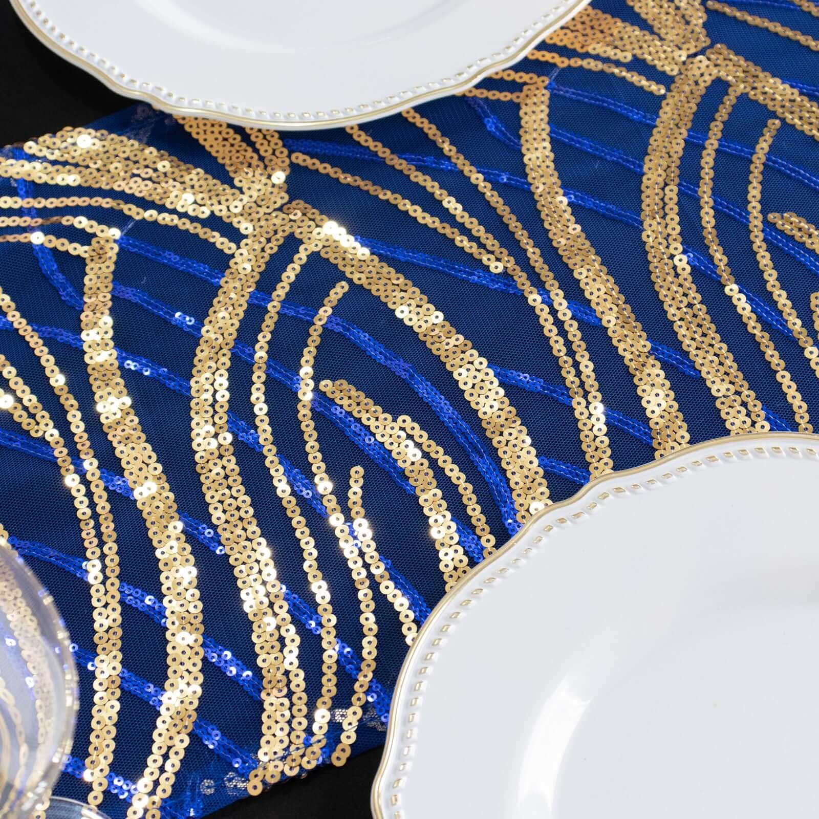 Mesh Table Runner 12"x108" Royal Blue/Gold - Wave Embroidered Sequin Table Decor - Image 3