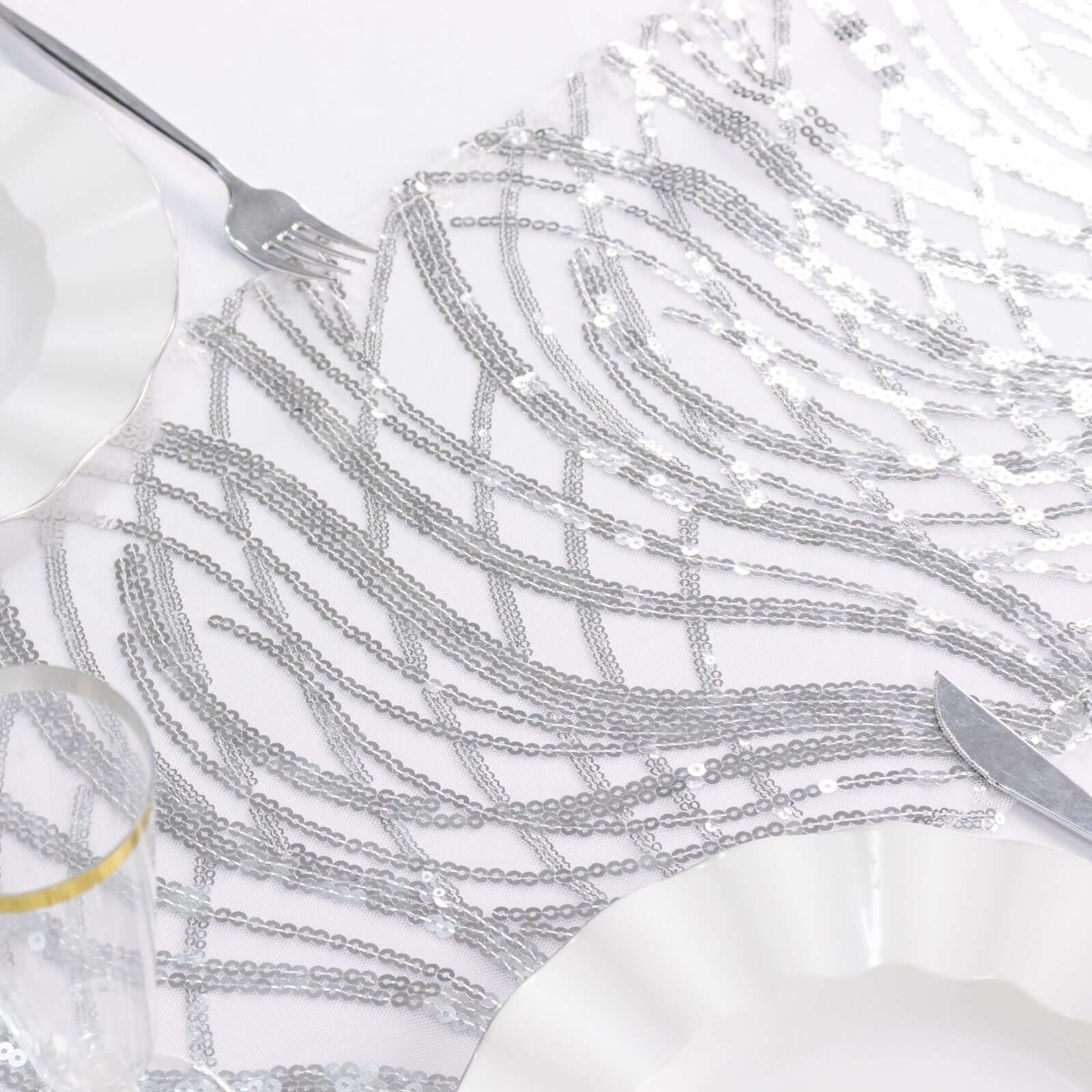 Mesh Table Runner 12"x108" Silver - Wave Embroidered Sequin Table Decor - Image 4