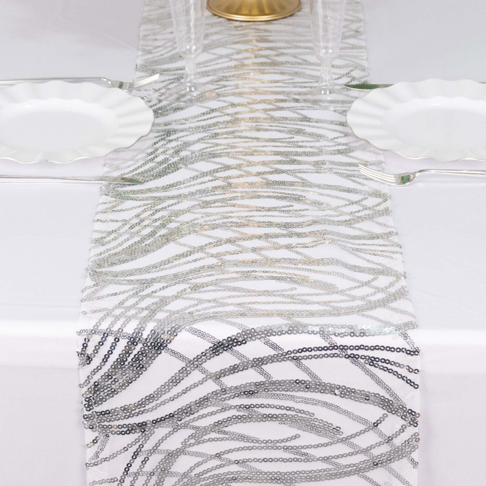 Mesh Table Runner 12"x108" Silver - Wave Embroidered Sequin Table Decor - Image 5