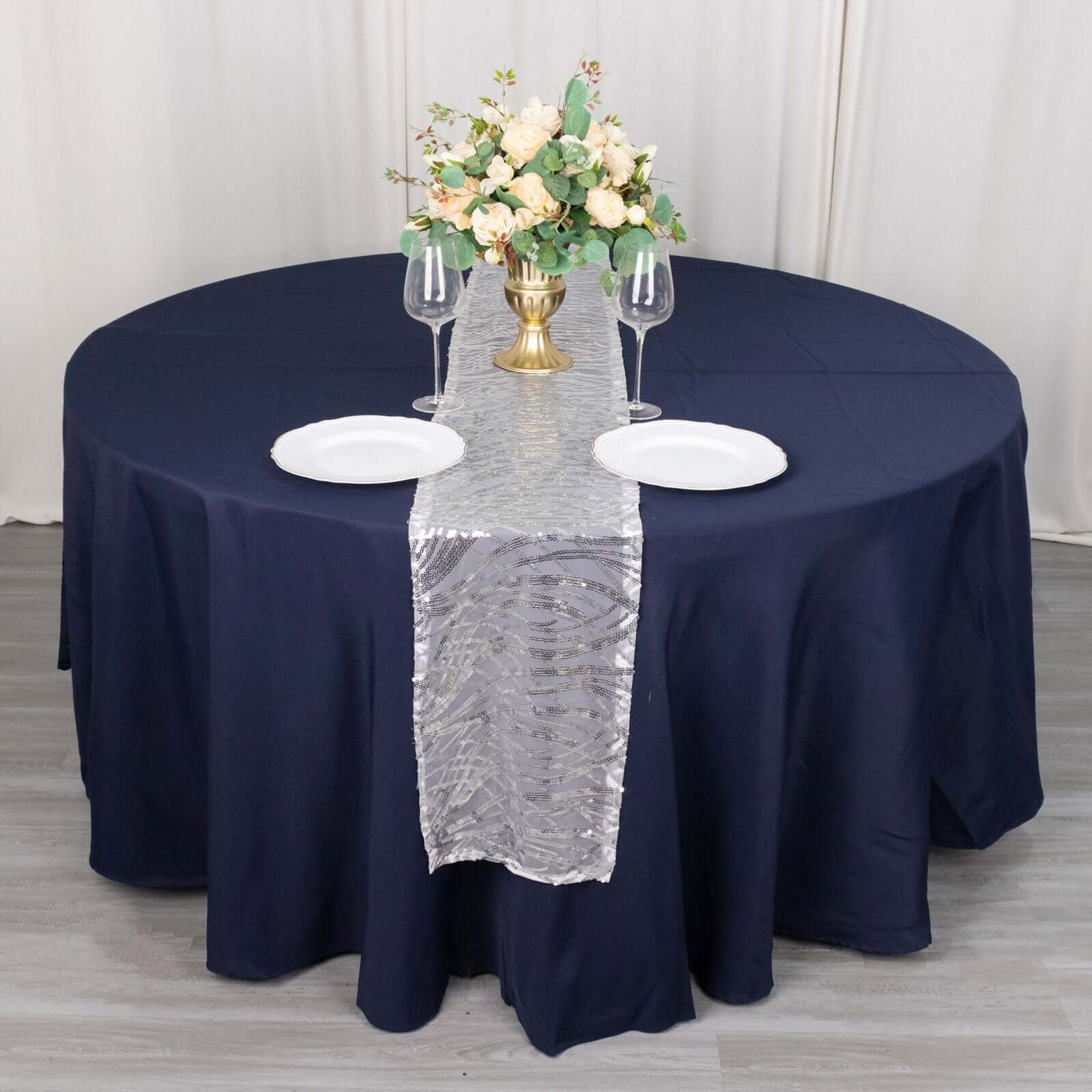 Mesh Table Runner 12"x108" Silver - Wave Embroidered Sequin Table Decor - Image 6