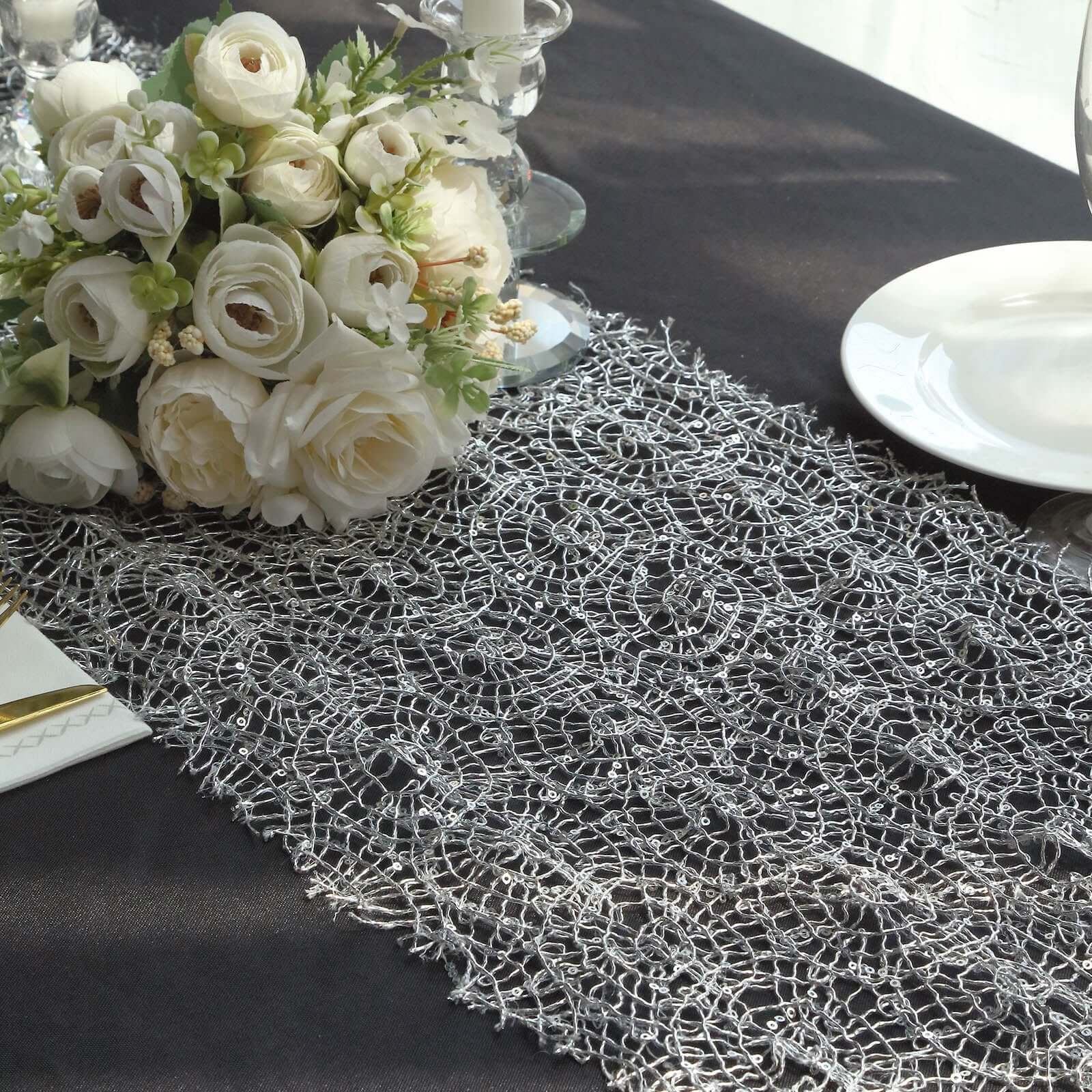 Mesh Table Runner 12"x108" Silver with Sequin Schiffli Lace Design - Disposable Table Decor - Image 12