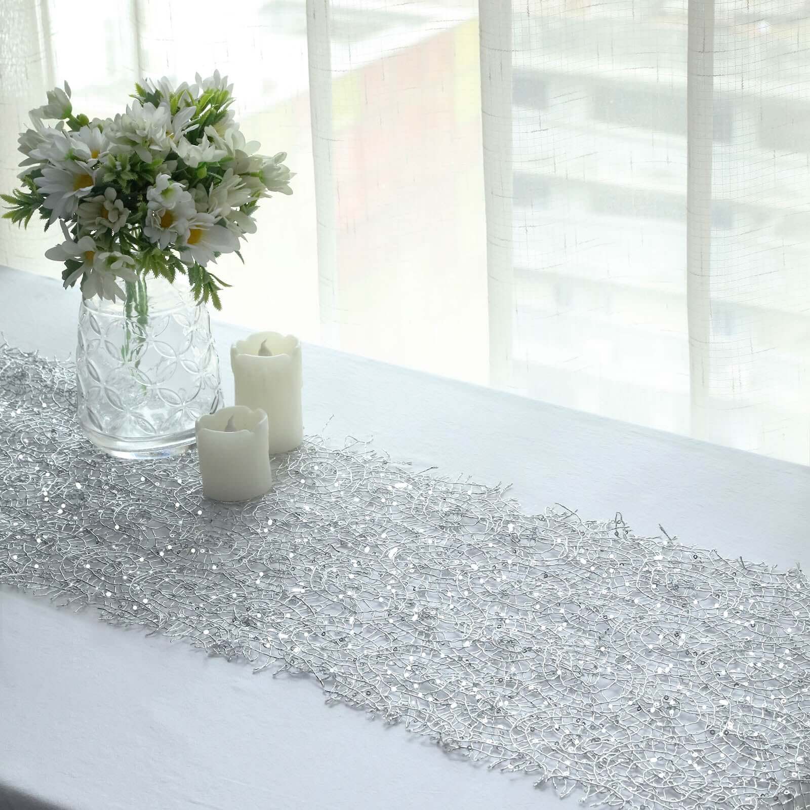 Mesh Table Runner 12"x108" Silver with Sequin Schiffli Lace Design - Disposable Table Decor - Image 13