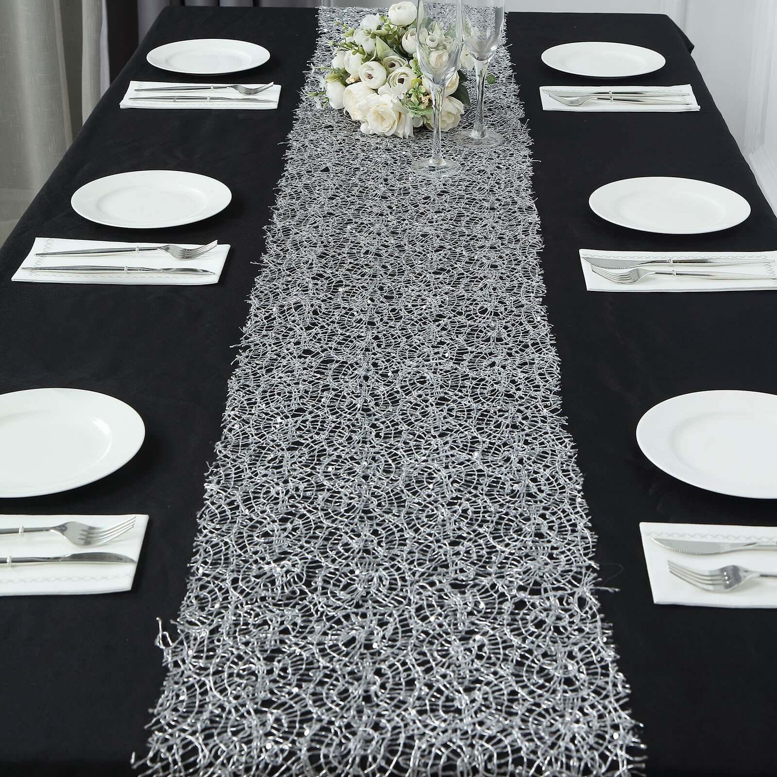 Mesh Table Runner 12"x108" Silver with Sequin Schiffli Lace Design - Disposable Table Decor - Image 14