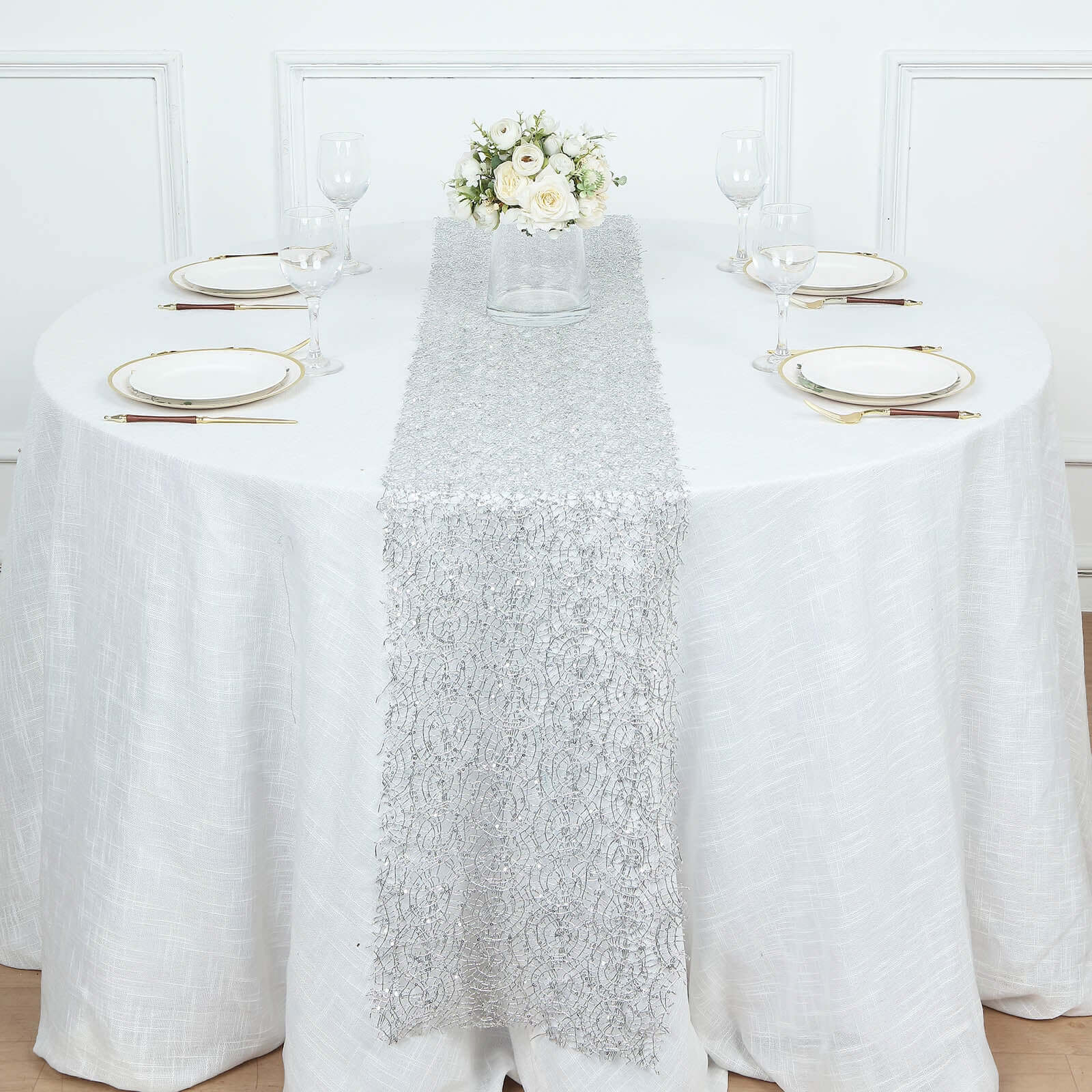 Mesh Table Runner 12"x108" Silver with Sequin Schiffli Lace Design - Disposable Table Decor - Image 6