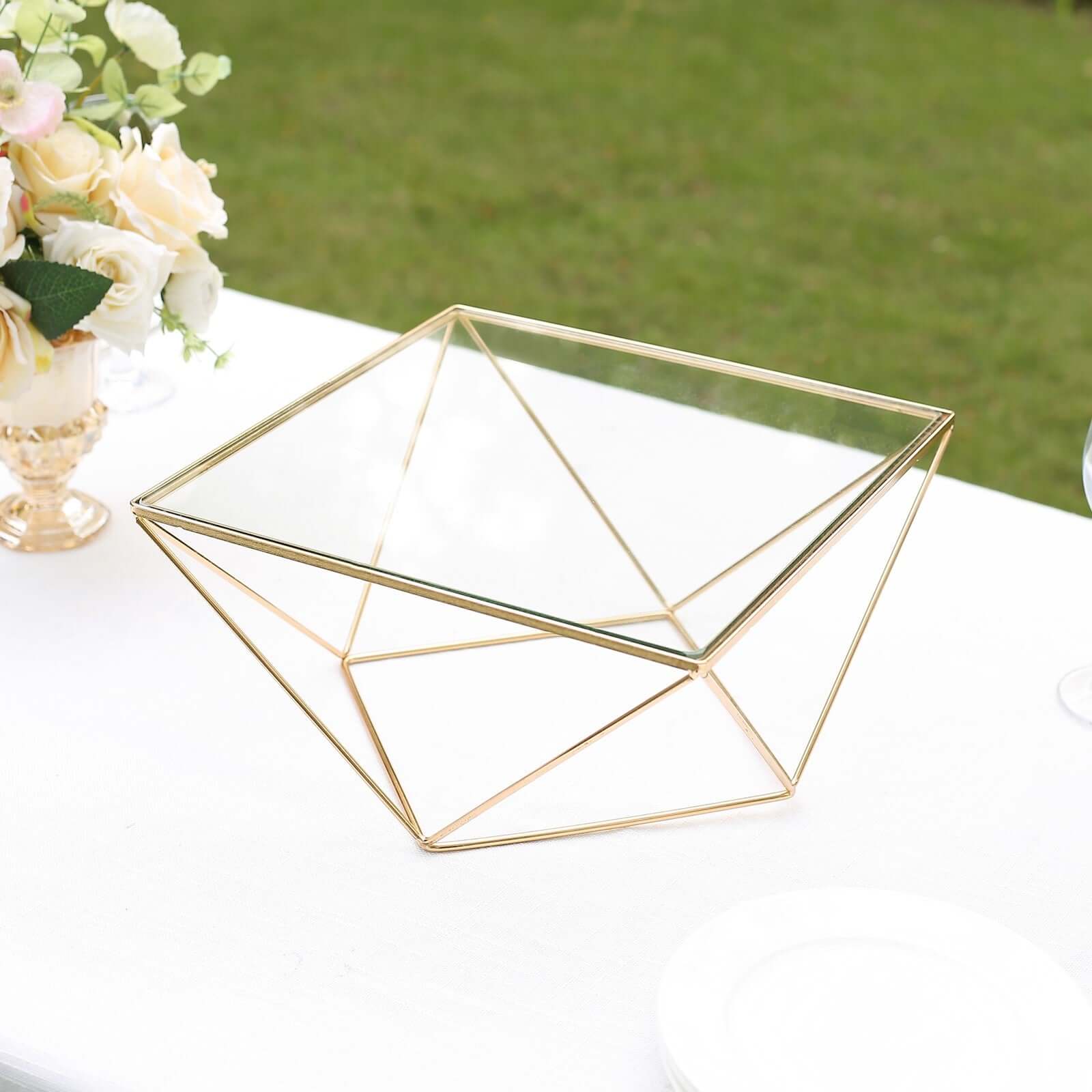 Metal Cake Stand 12" Geometric Pedestal Riser Design Gold with Square Glass Top - Display Centerpiece - Image 13