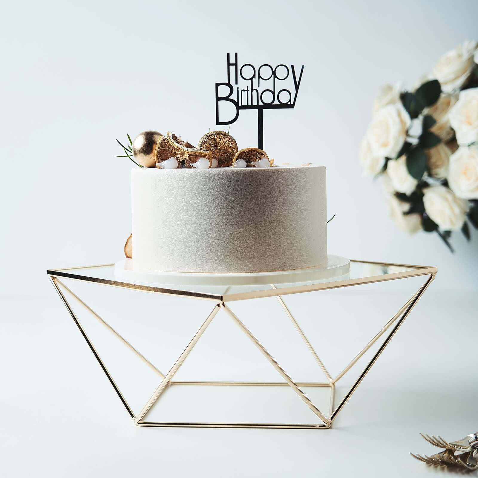 Metal Cake Stand 12" Geometric Pedestal Riser Design Gold with Square Glass Top - Display Centerpiece - Image 15
