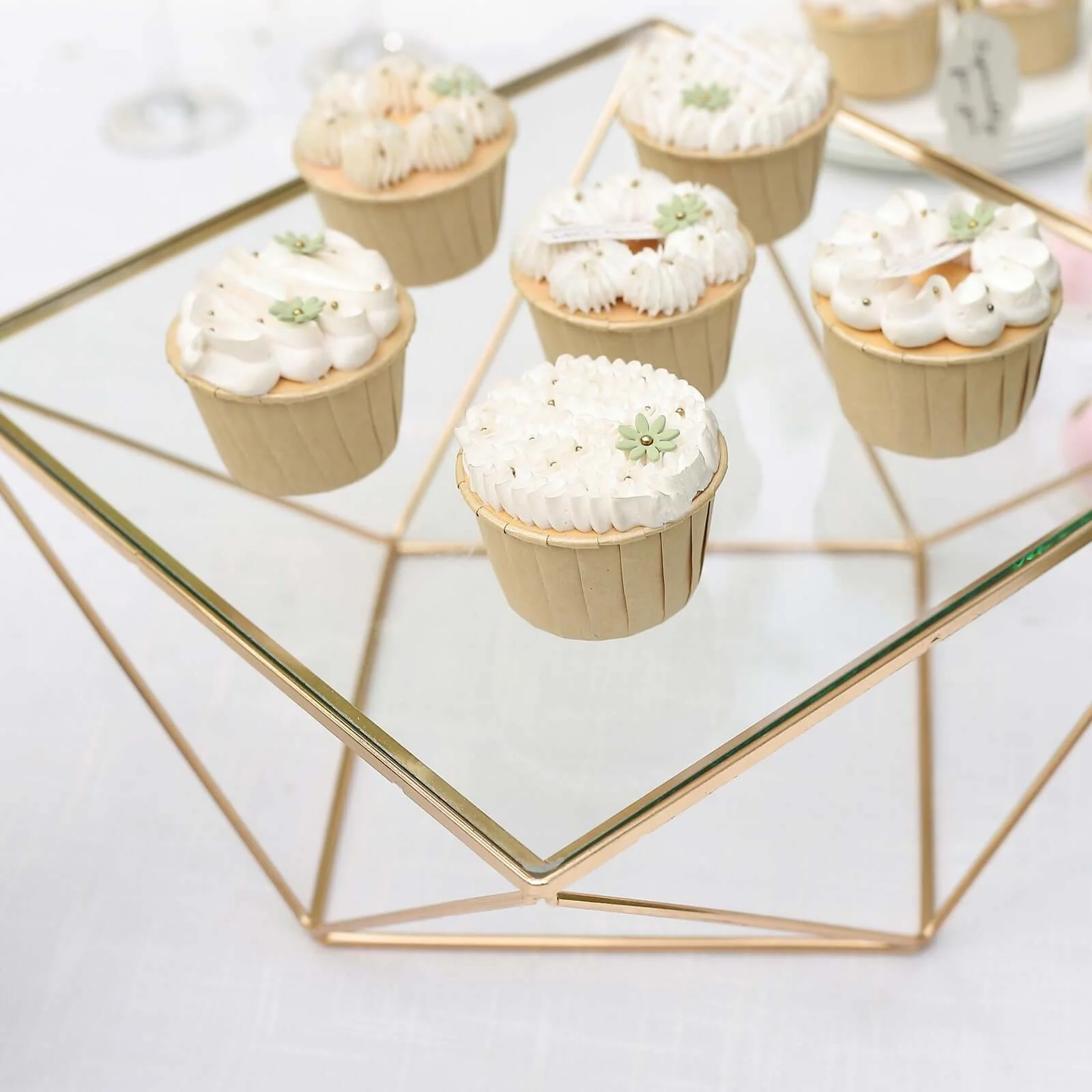 Metal Cake Stand 12" Geometric Pedestal Riser Design Gold with Square Glass Top - Display Centerpiece - Image 2