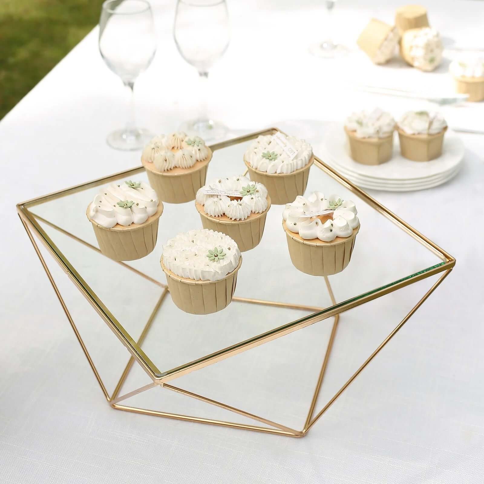 Metal Cake Stand 12" Geometric Pedestal Riser Design Gold with Square Glass Top - Display Centerpiece - Image 6