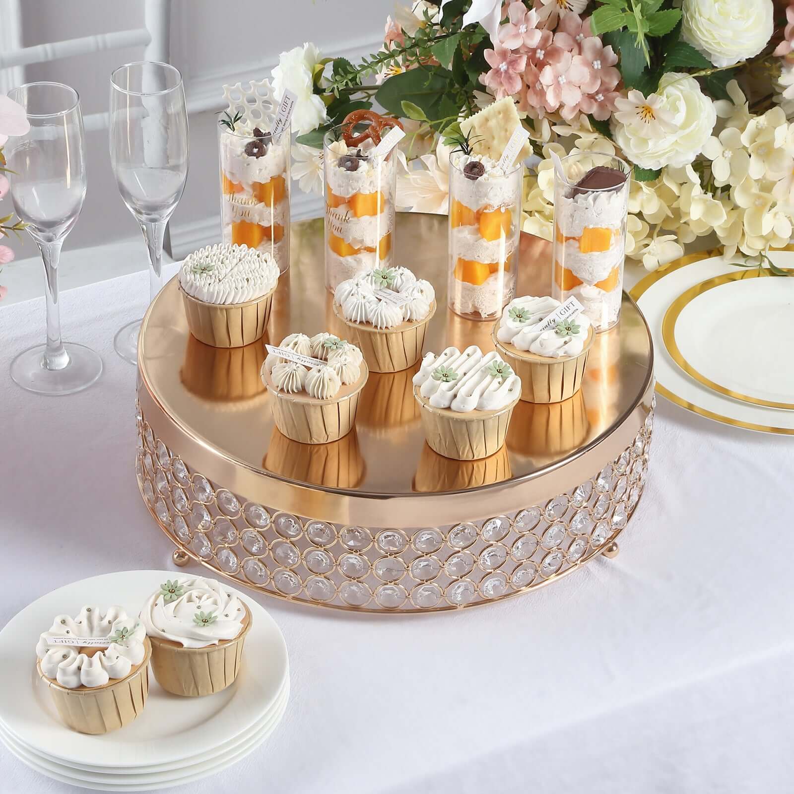 Metal Cake Stand Pedestal 14" Crystal Beaded Design Gold - Cupcake Display and Dessert Riser - Image 9