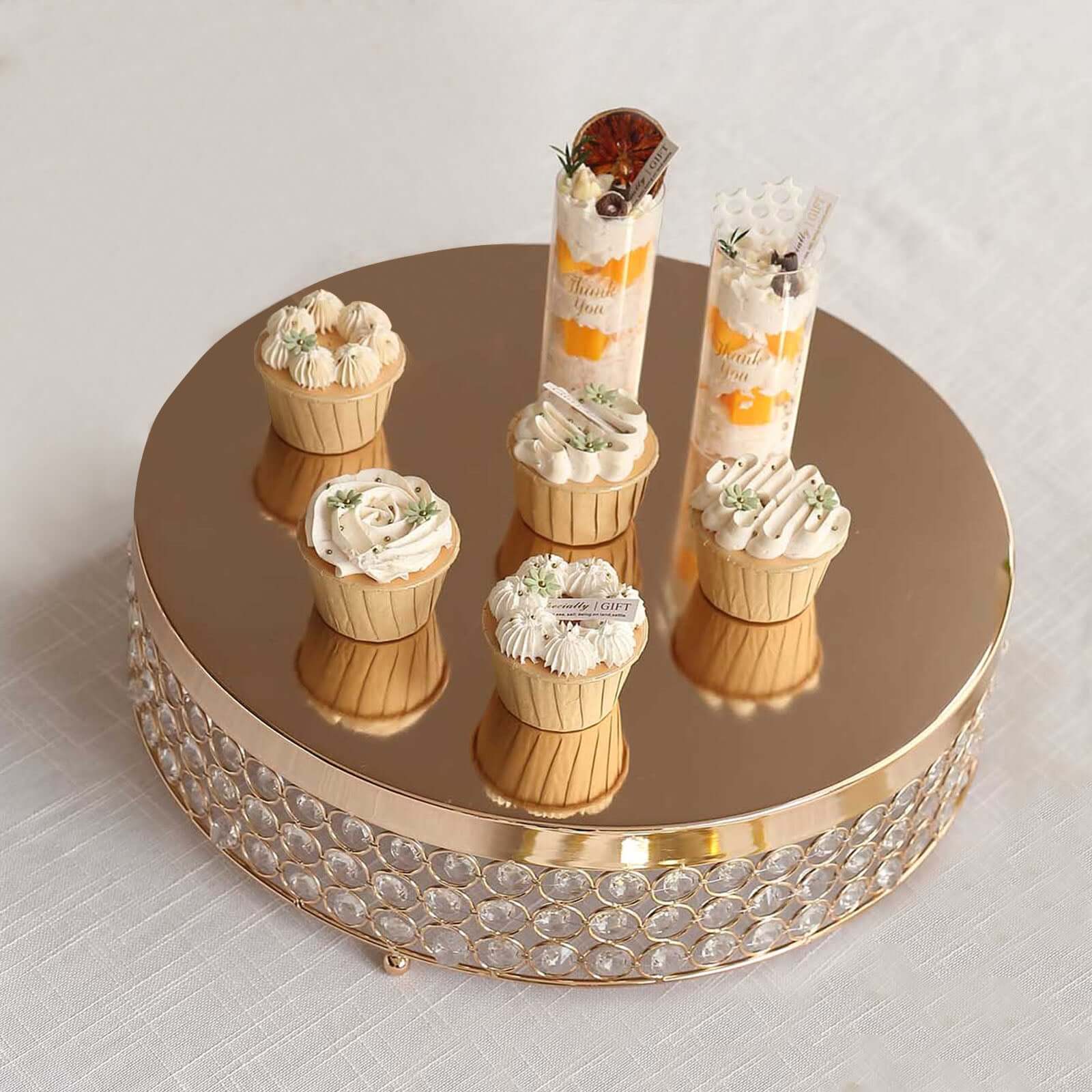 Metal Cake Stand Pedestal 16" Crystal Beaded Design Gold - Cupcake Display and Dessert Riser