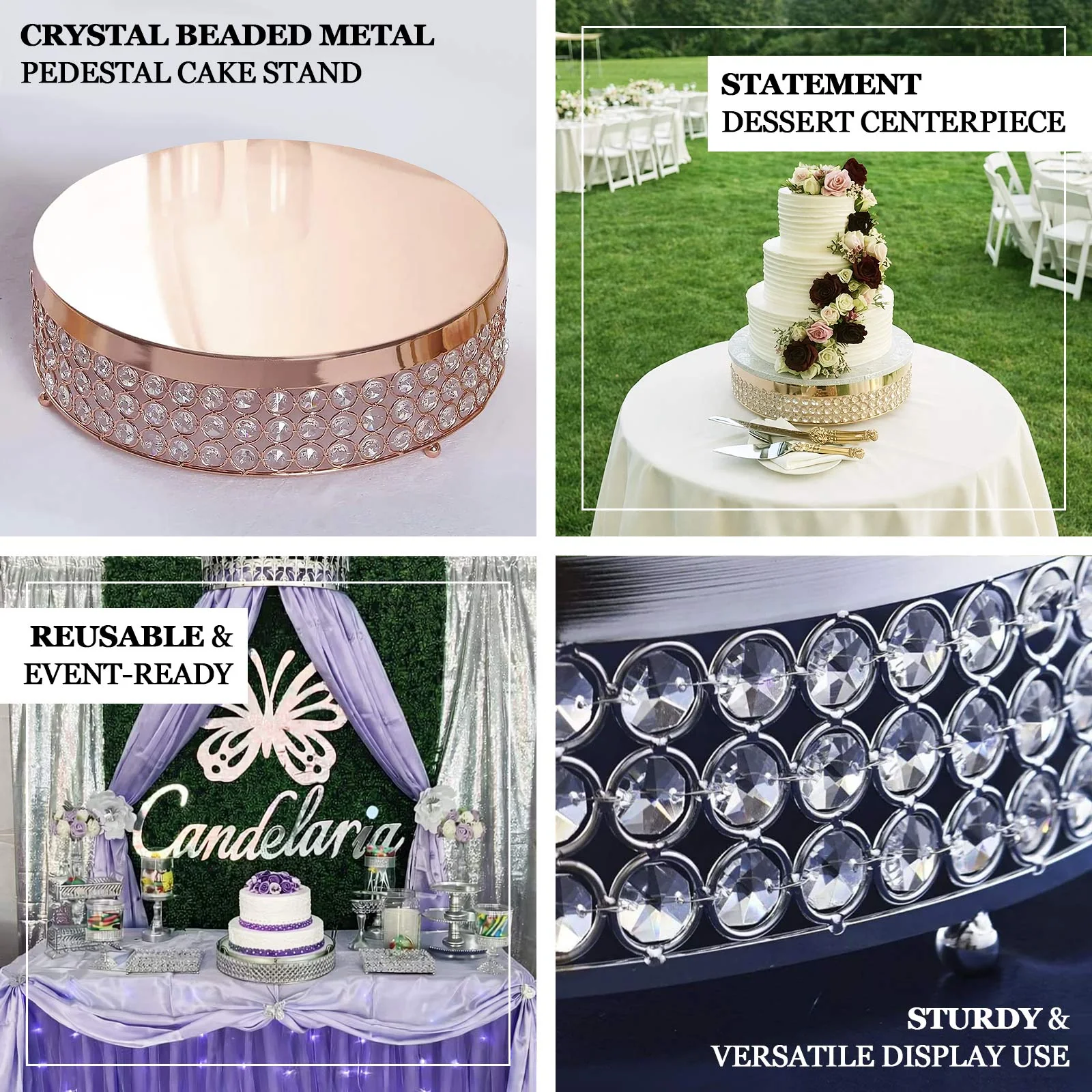 Metal Cake Stand Pedestal 16" Crystal Beaded Design Gold - Cupcake Display and Dessert Riser - Image 4