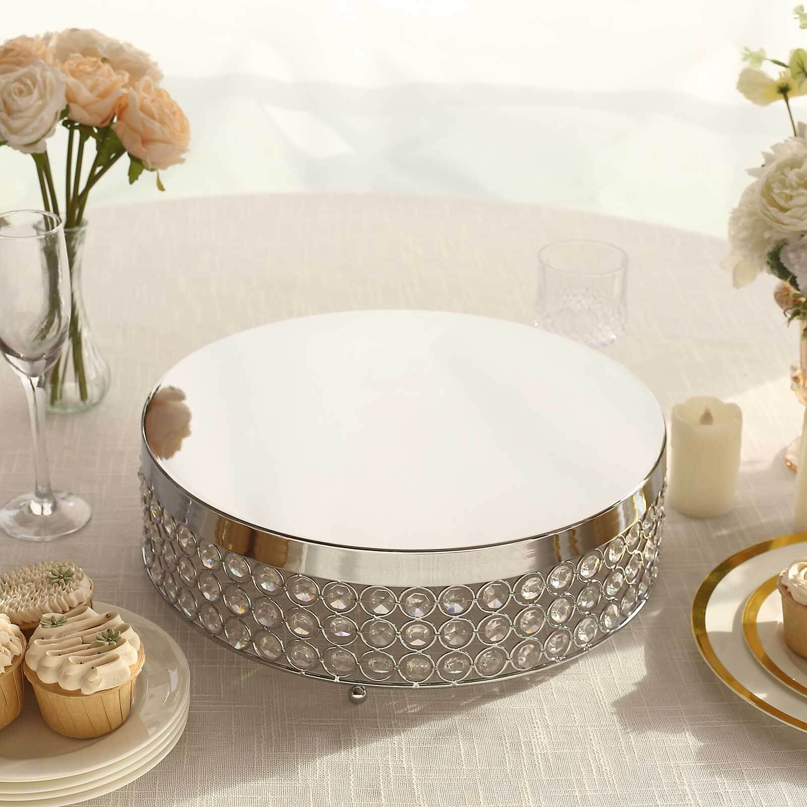 Metal Cake Stand Pedestal 16" Crystal Beaded Design Silver - Cupcake Display and Dessert Riser - Image 2