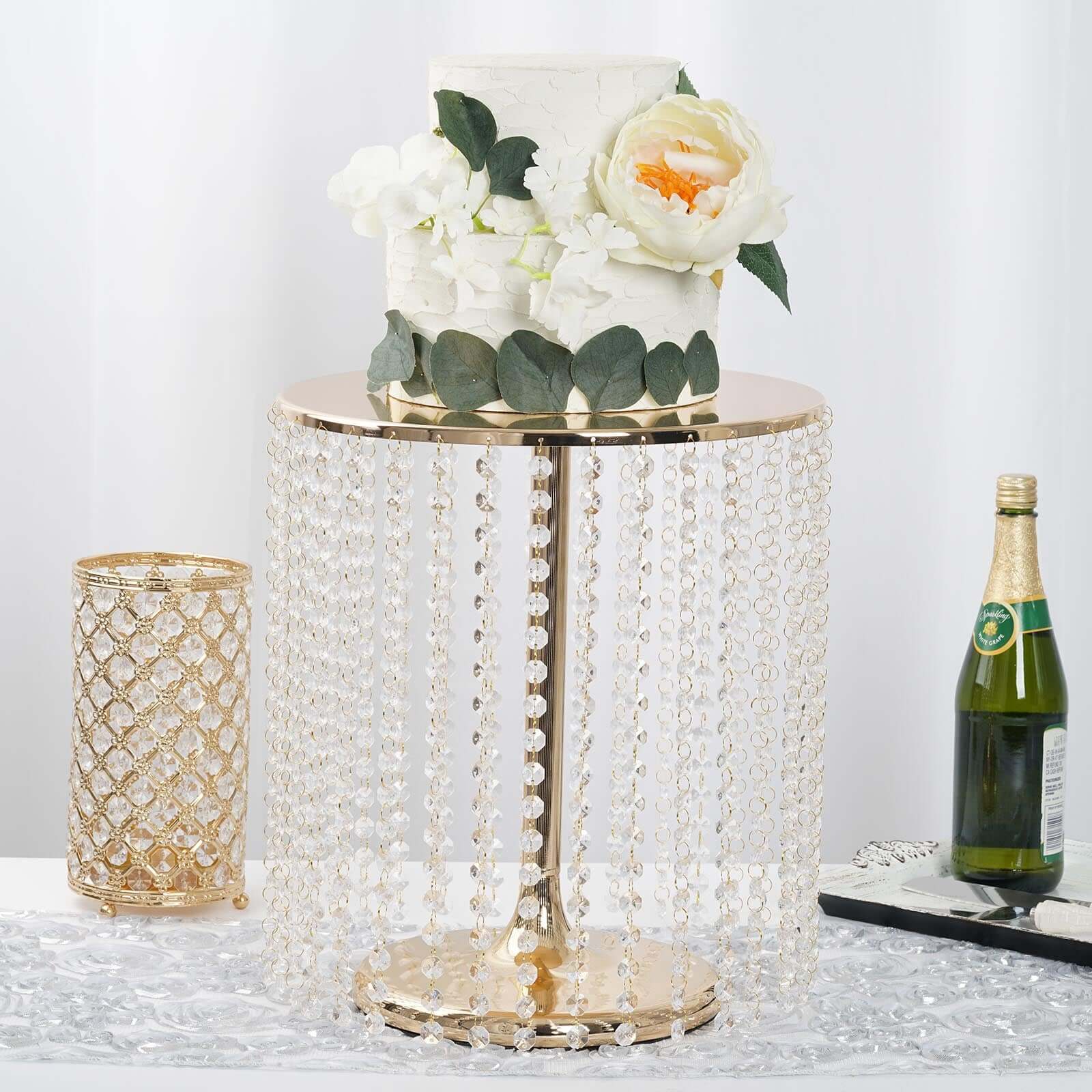 Metal Cake Stand Round Design 14" Dia Metallic Gold with Crystal Chains 16" Tall - Cupcake Dessert Pedestal - Image 2