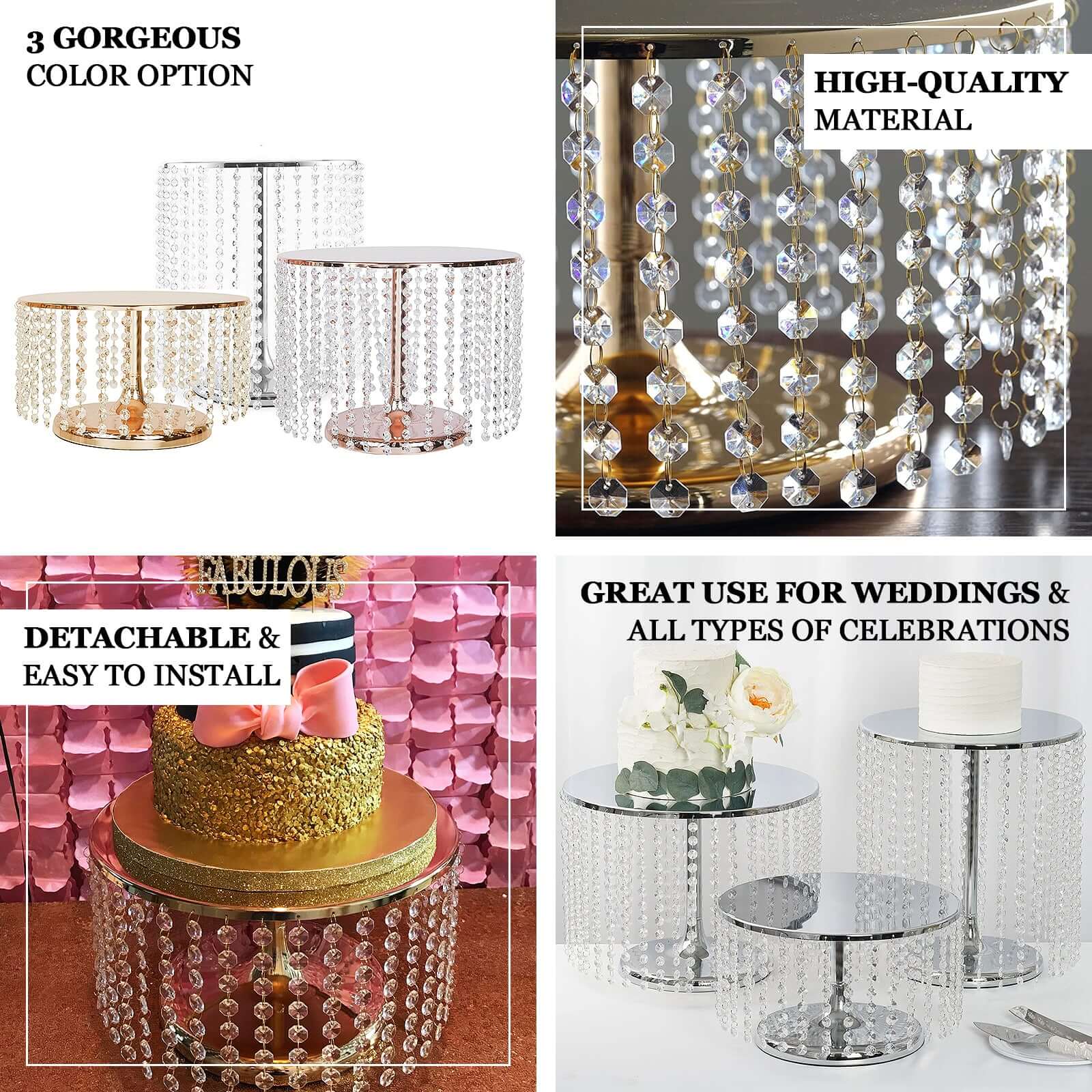 Metal Cake Stand Round Design 14" Dia Metallic Gold with Crystal Chains 16" Tall - Cupcake Dessert Pedestal - Image 4