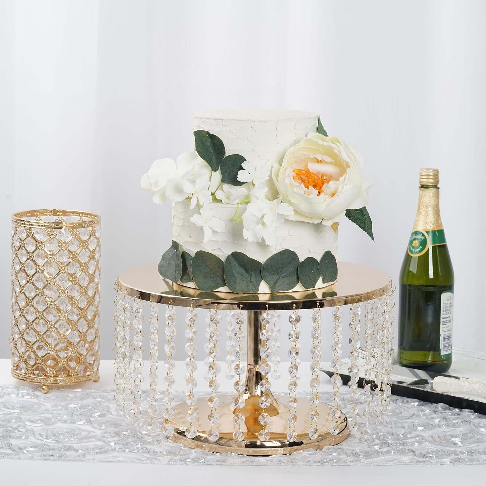 Metal Cake Stand Round Design 14" Dia Metallic Gold with Crystal Chains 8" Tall - Cupcake Dessert Pedestal - Image 8