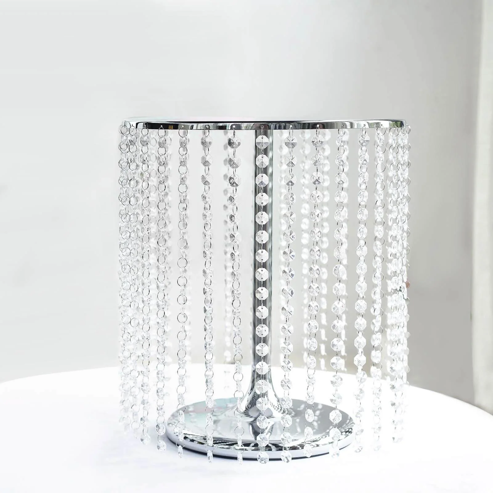Metal Cake Stand Round Design 14" Dia Metallic Silver with Crystal Chains 16" Tall - Cupcake Dessert Pedestal - Image 6