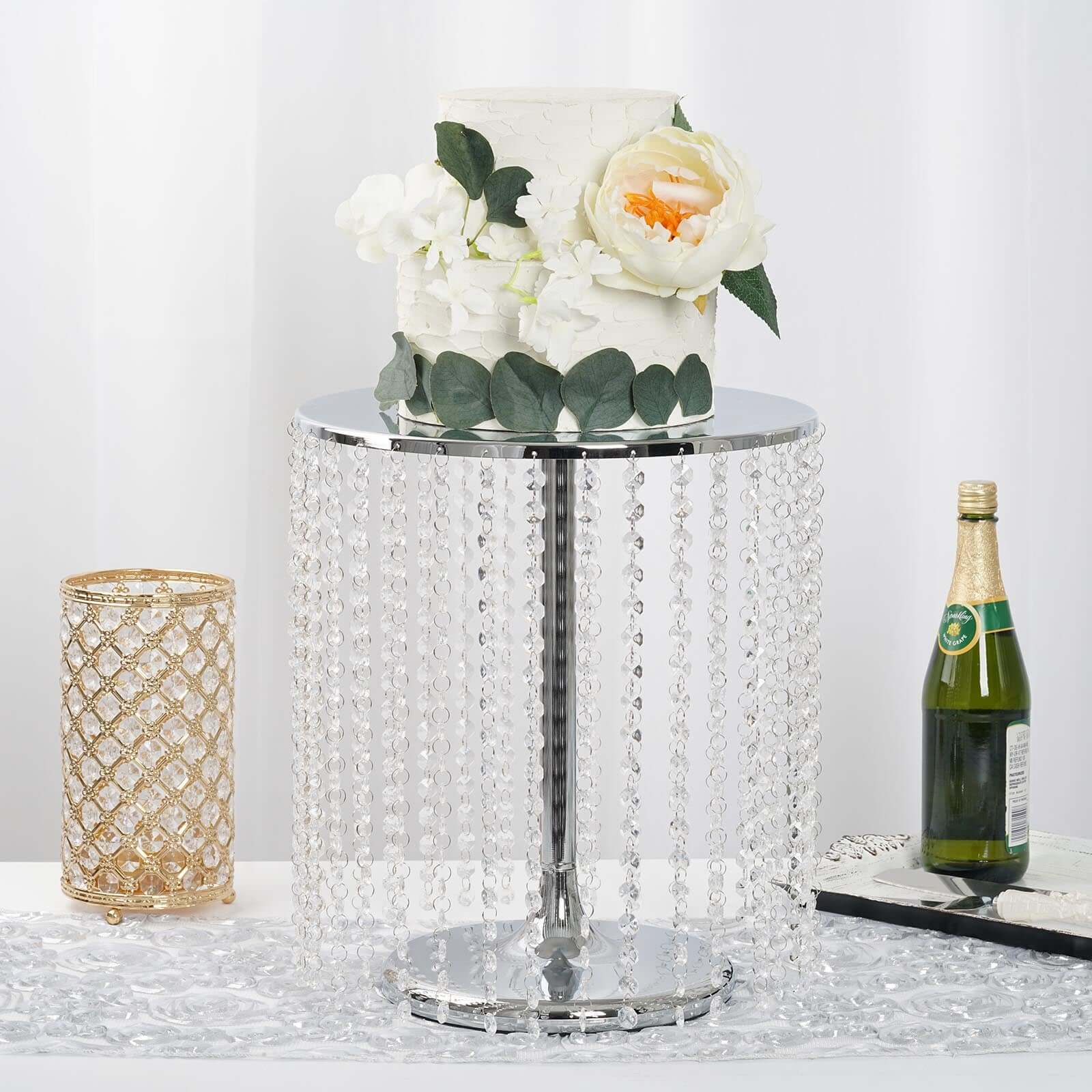 Metal Cake Stand Round Design 14" Dia Metallic Silver with Crystal Chains 16" Tall - Cupcake Dessert Pedestal - Image 8