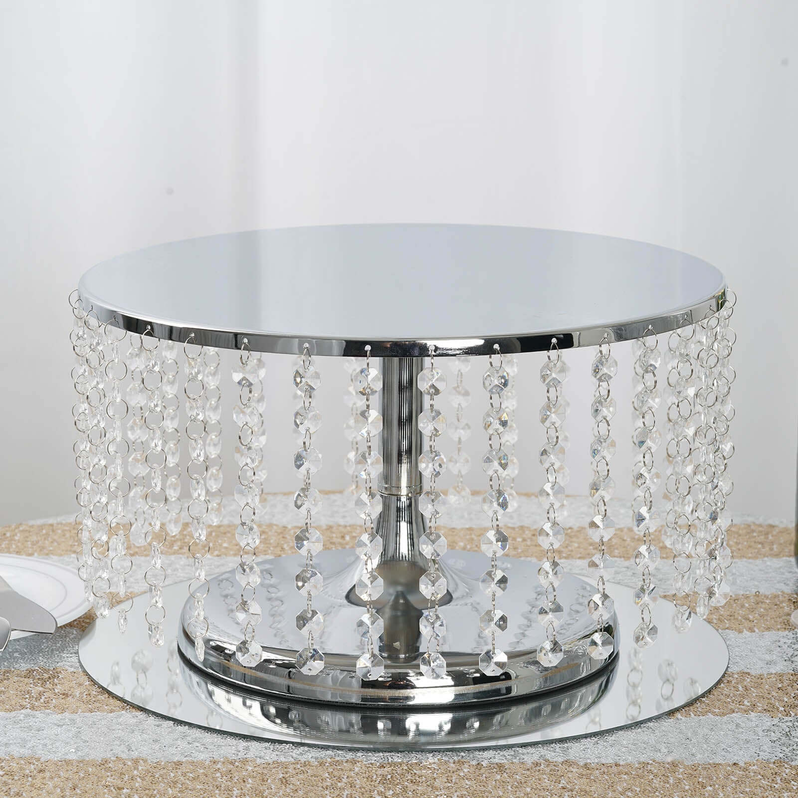 Metal Cake Stand Round Design 14" Dia Metallic Silver with Crystal Chains 8" Tall - Cupcake Dessert Pedestal - Image 2