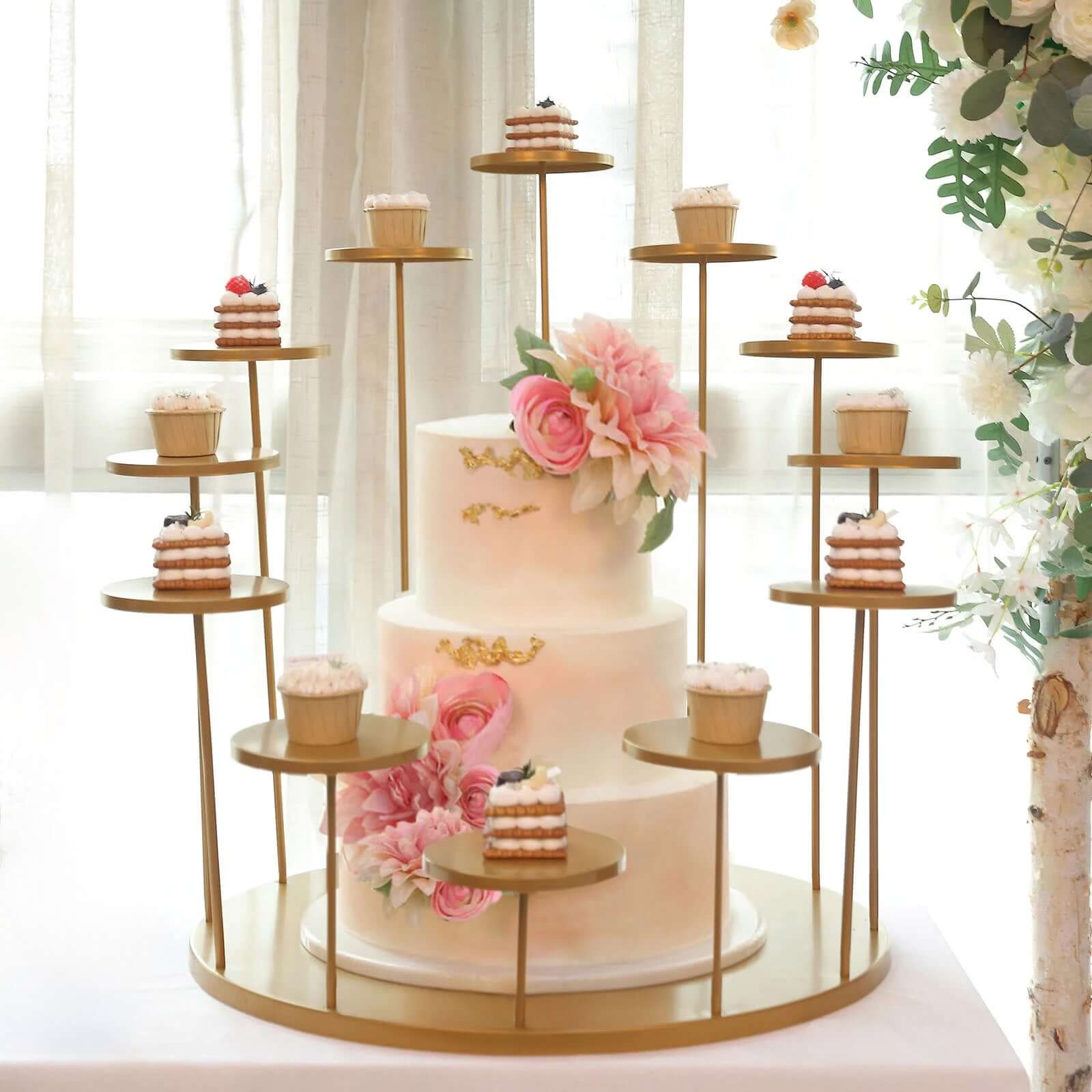 Metal Cake Stand with 12-Arm Tiered Cupcake Holders 29" Gold - Majestic Layered Dessert Display Centerpiece Tower for Upscale Weddings Gala Events & Celebrations