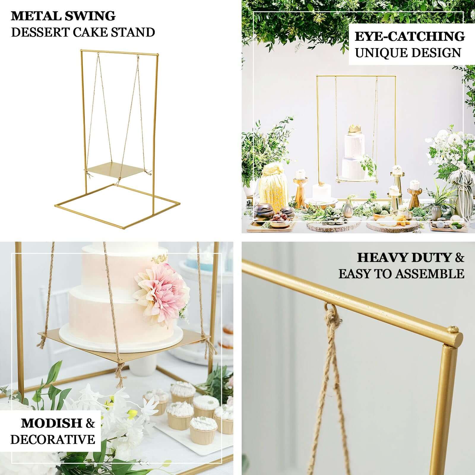 Metal Cake Swing Stand with Jute Rope 3ft Gold - Modern Hanging Dessert Display Centerpiece for Weddings Bridal Showers & Birthdays - Image 4