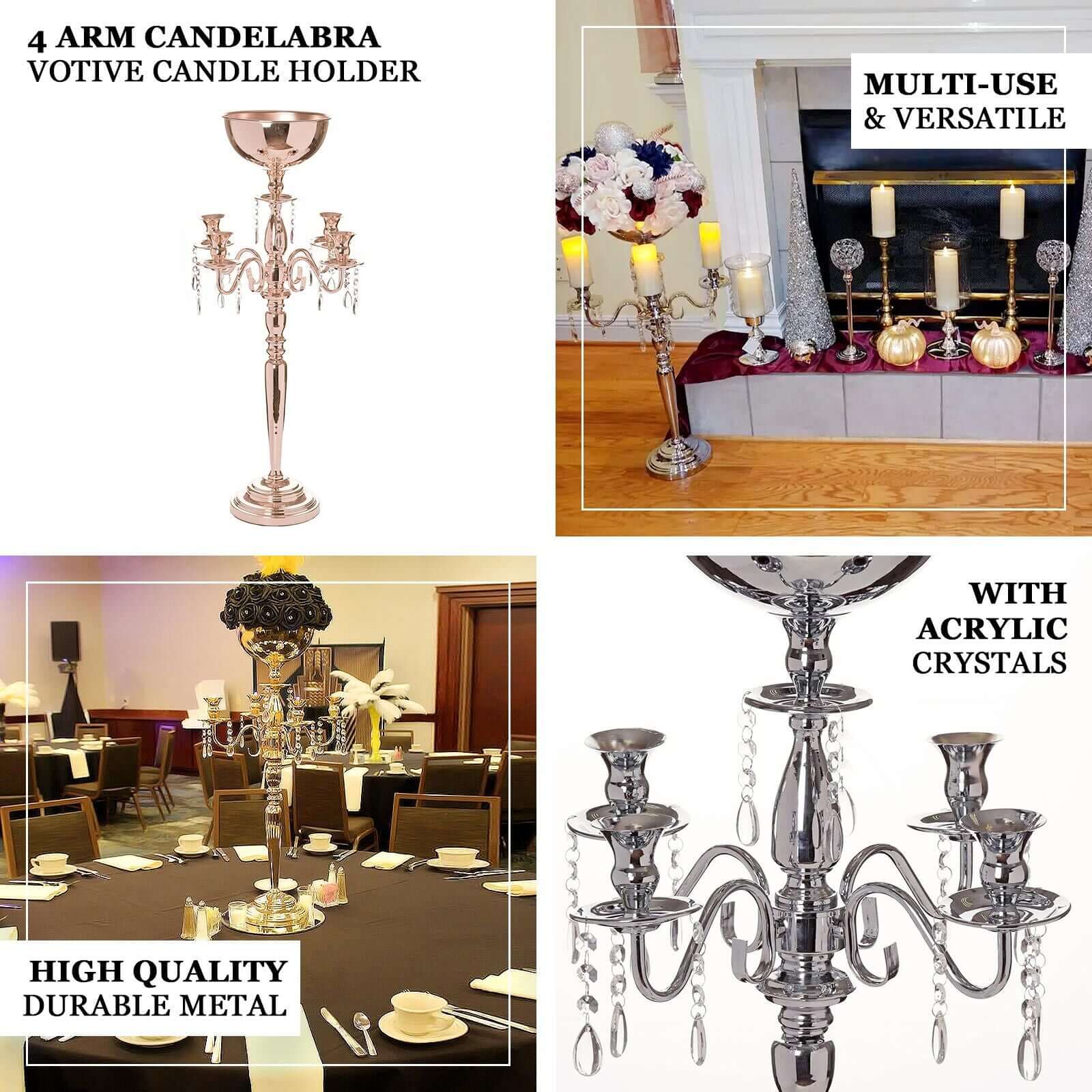 Metal Candelabra 33" 4 Arm Design Silver with Flower Vase Bowl - Table Centerpiece for Weddings - Image 4