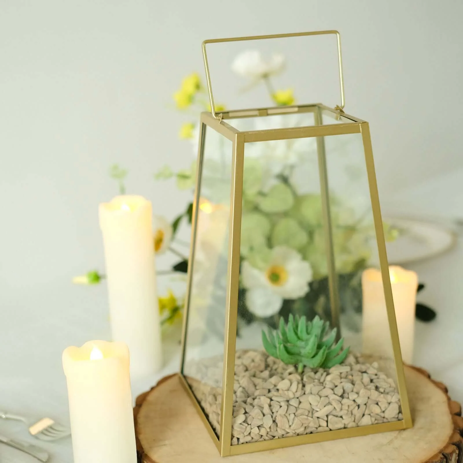 Metal Candle Lantern 10" Trapezoid Geometric Design Gold - Hanging Terrarium Table Centerpiece for Indoor/Outdoor - Image 10
