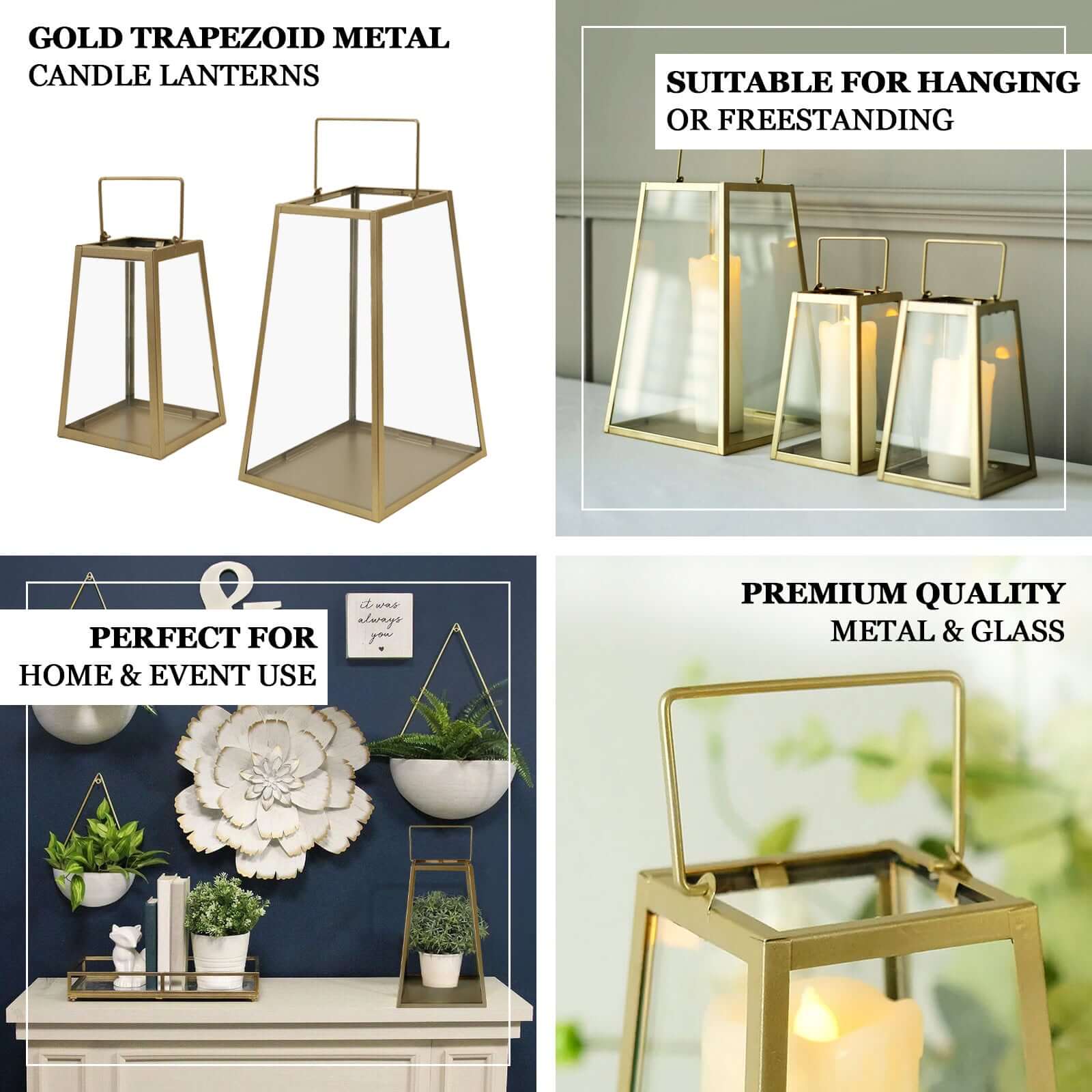 Metal Candle Lantern 10" Trapezoid Geometric Design Gold - Hanging Terrarium Table Centerpiece for Indoor/Outdoor - Image 11