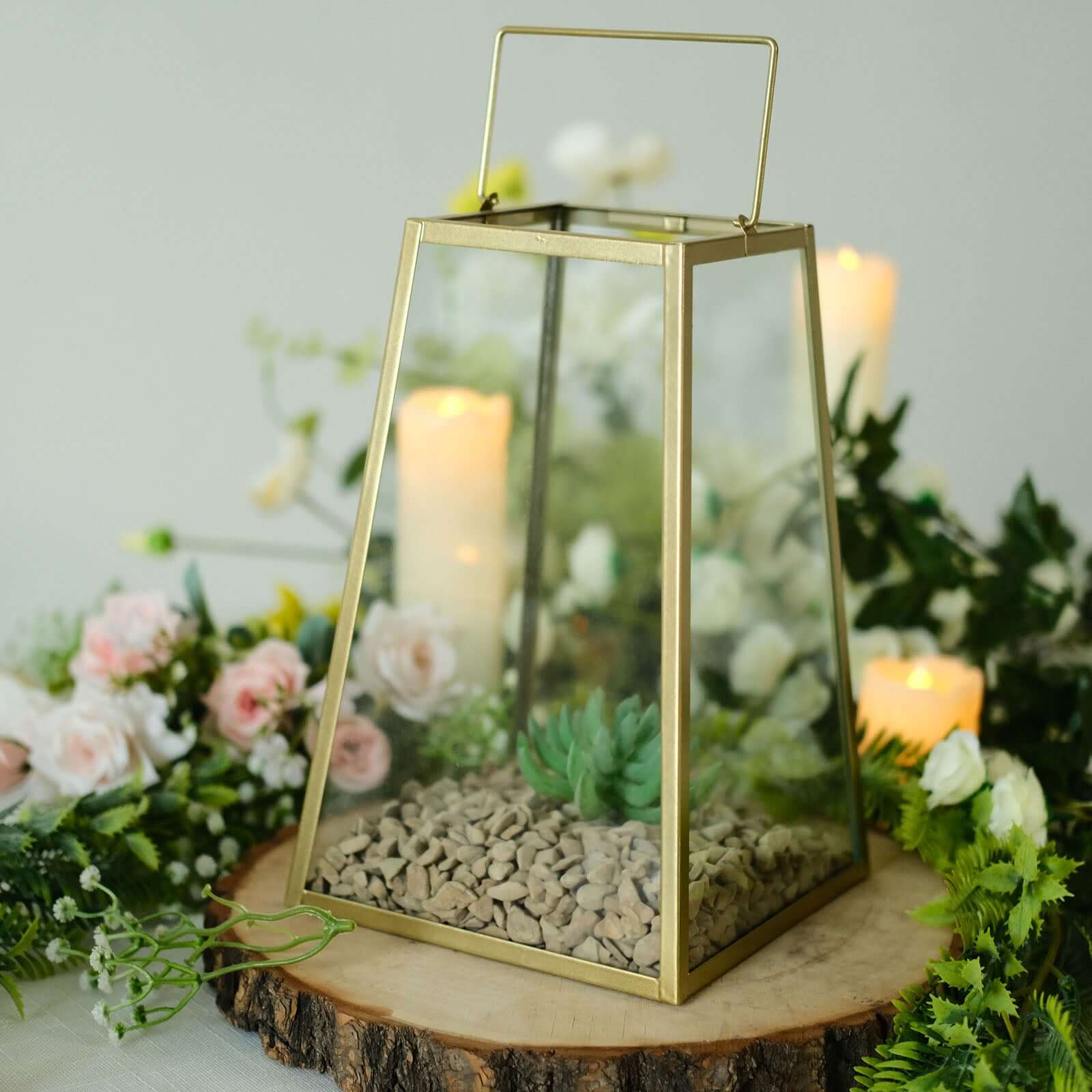 Metal Candle Lantern 10" Trapezoid Geometric Design Gold - Hanging Terrarium Table Centerpiece for Indoor/Outdoor - Image 4