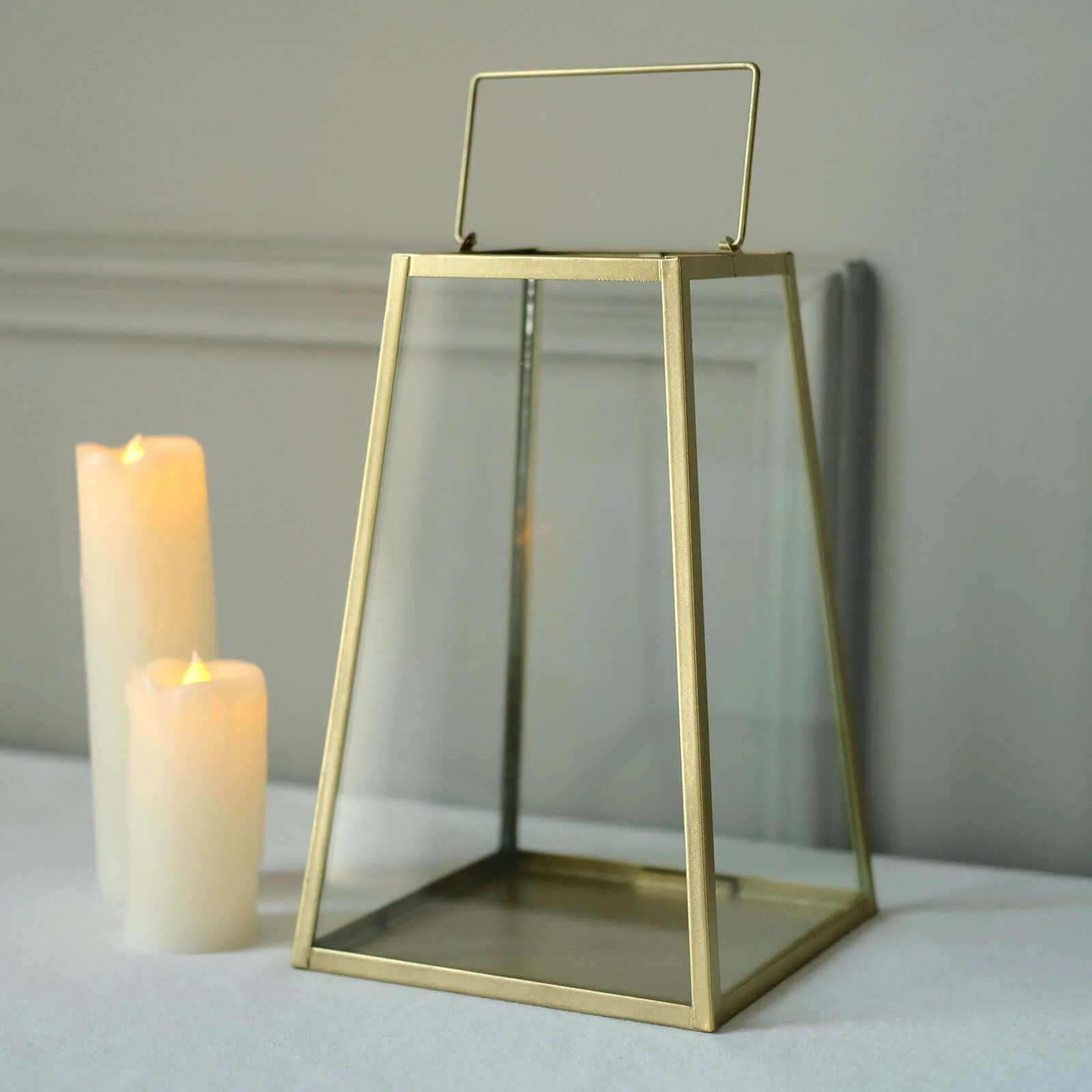 Metal Candle Lantern 10" Trapezoid Geometric Design Gold - Hanging Terrarium Table Centerpiece for Indoor/Outdoor - Image 5