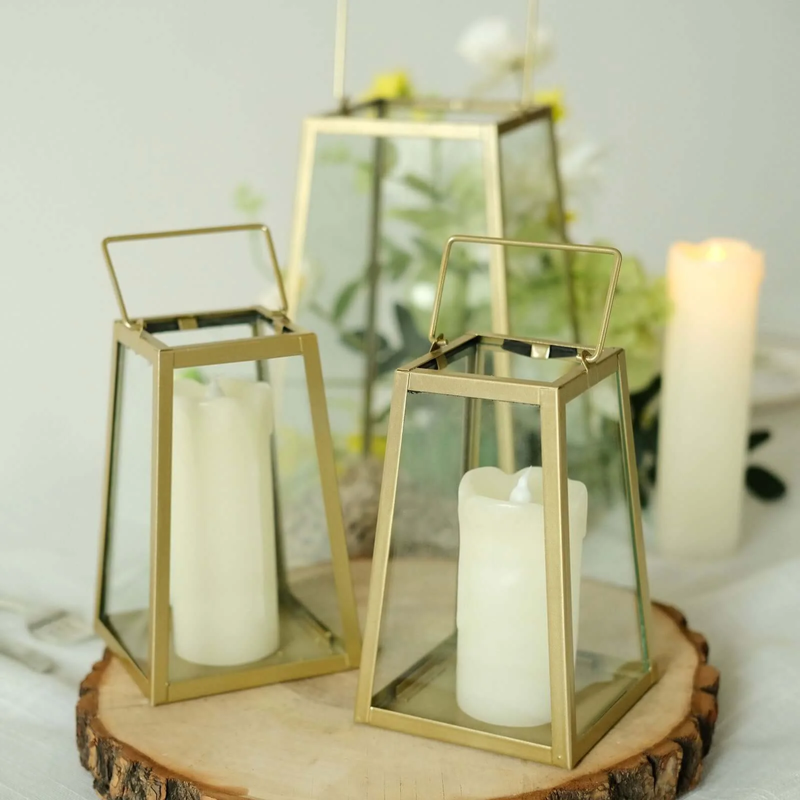 Metal Candle Lantern 10" Trapezoid Geometric Design Gold - Hanging Terrarium Table Centerpiece for Indoor/Outdoor - Image 7