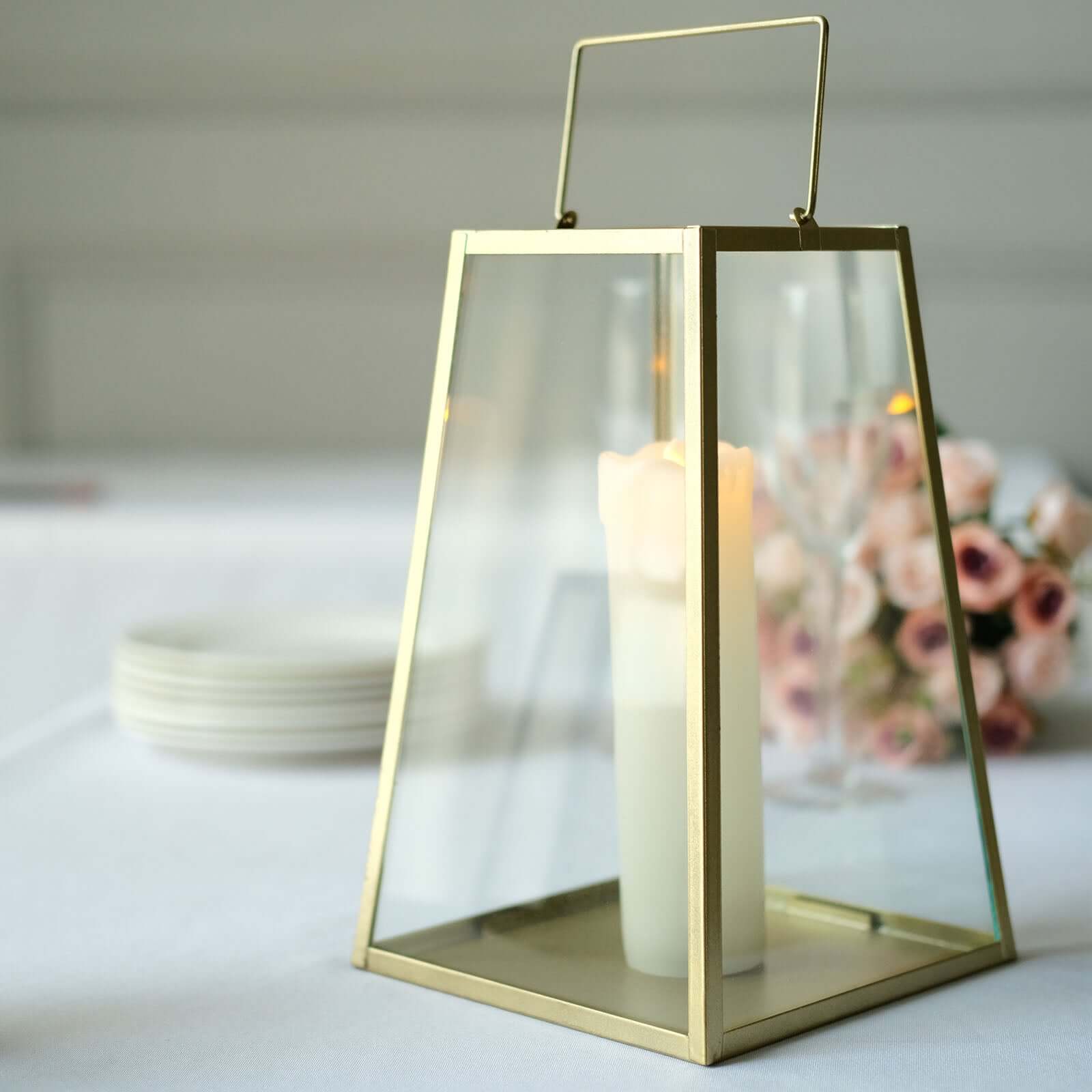 Metal Candle Lantern 10" Trapezoid Geometric Design Gold - Hanging Terrarium Table Centerpiece for Indoor/Outdoor - Image 8