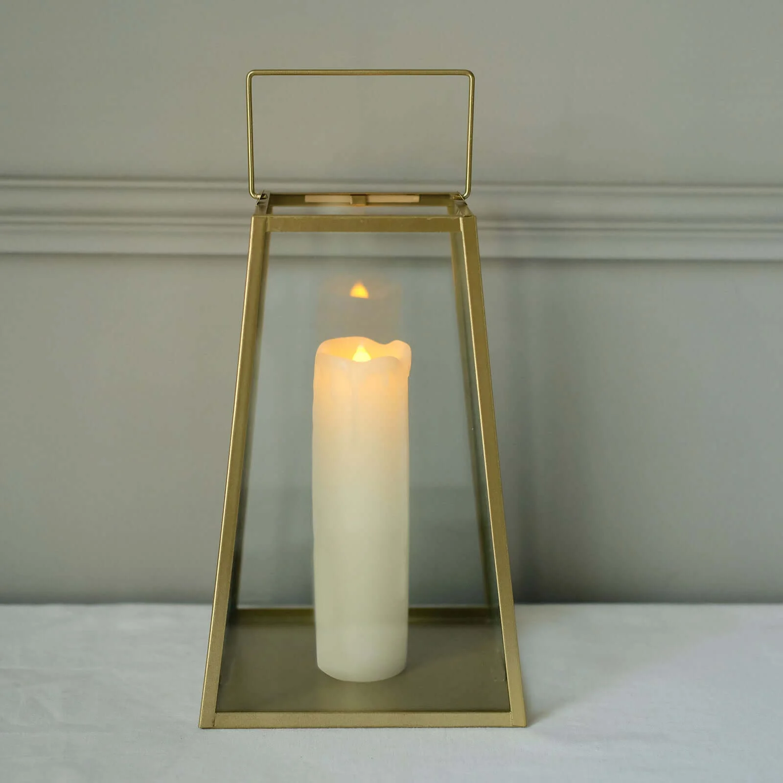 Metal Candle Lantern 10" Trapezoid Geometric Design Gold - Hanging Terrarium Table Centerpiece for Indoor/Outdoor - Image 9