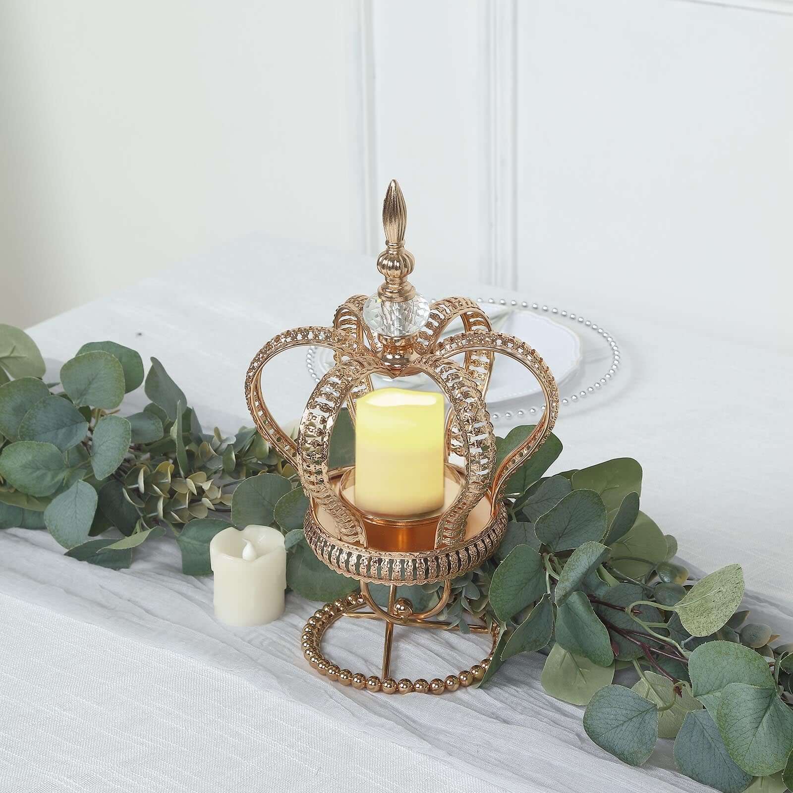 Metal Crown Spiral Gold Pillar Candle Holder Stand 13" - Jeweled Votive Candle Centerpiece - Image 4