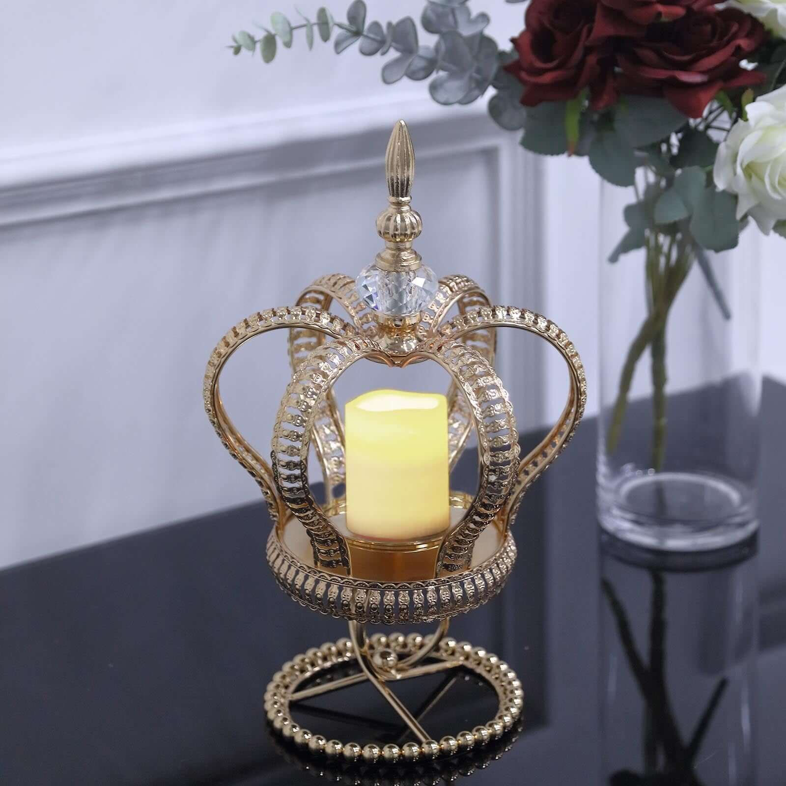 Metal Crown Spiral Gold Pillar Candle Holder Stand 13" - Jeweled Votive Candle Centerpiece - Image 5