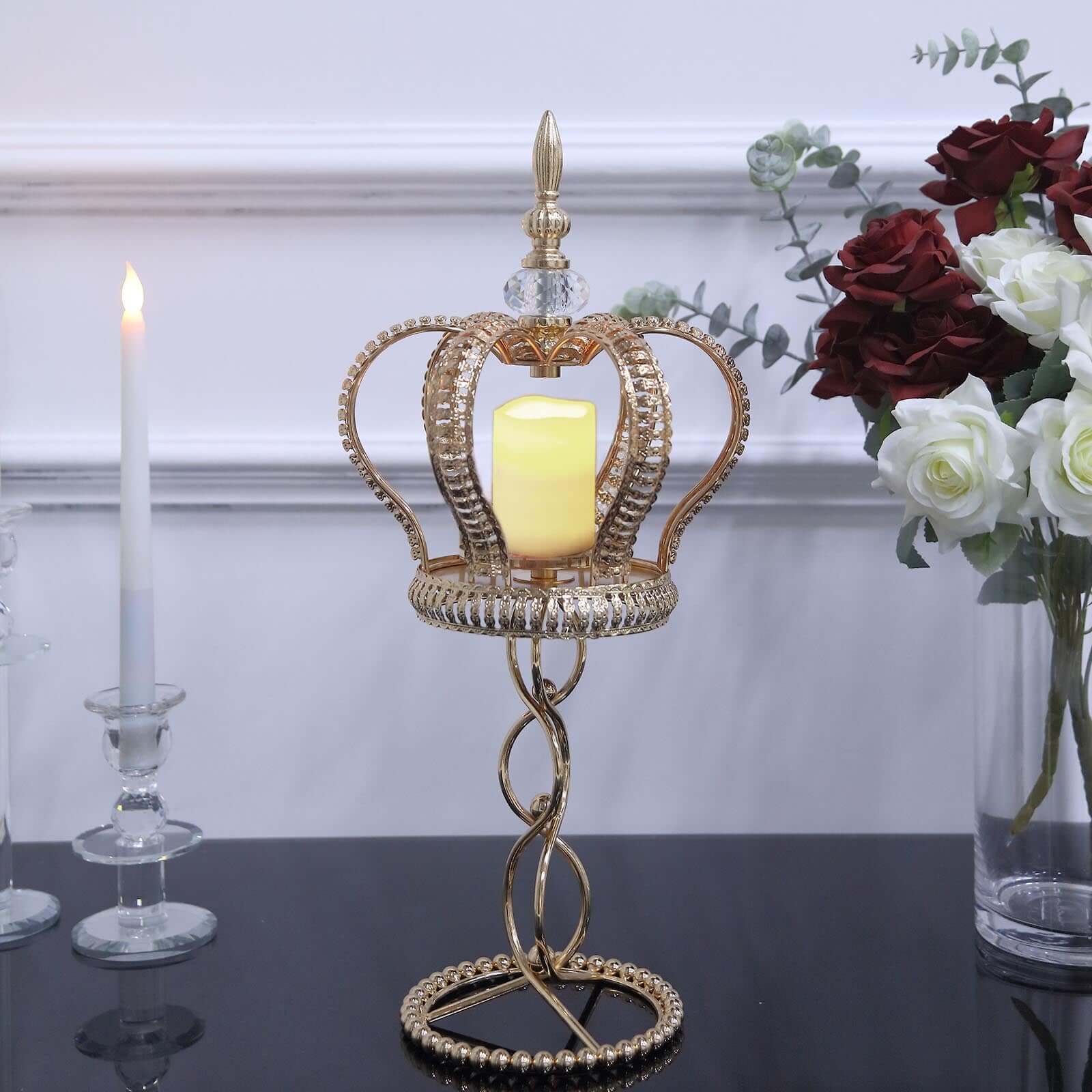 Metal Crown Spiral Gold Pillar Candle Holder Stand 18" - Jeweled Votive Candle Centerpiece - Image 5