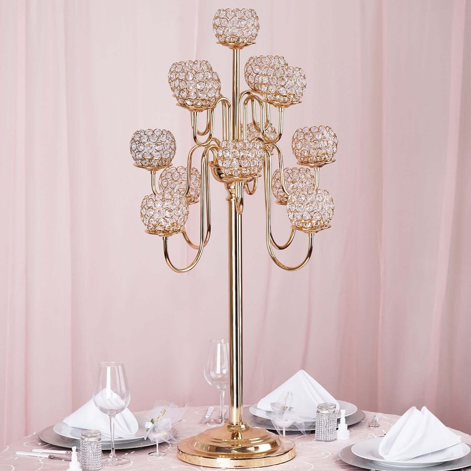 Metal Crystal Beaded Candelabra 40" Gold 13 Arm Design - Table Centerpiece for Events - Image 2