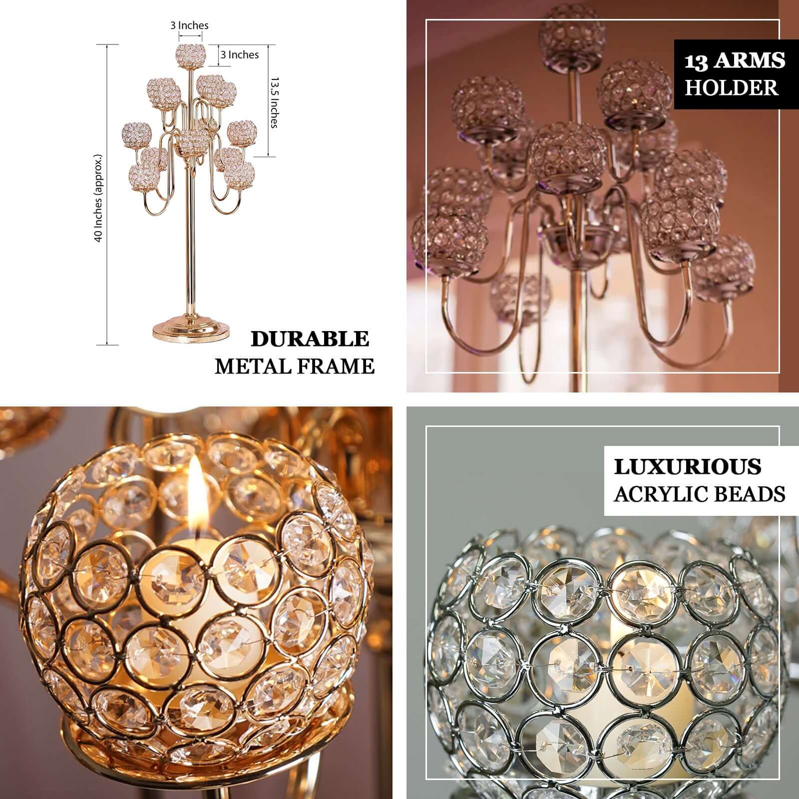 Metal Crystal Beaded Candelabra 40" Gold 13 Arm Design - Table Centerpiece for Events - Image 5